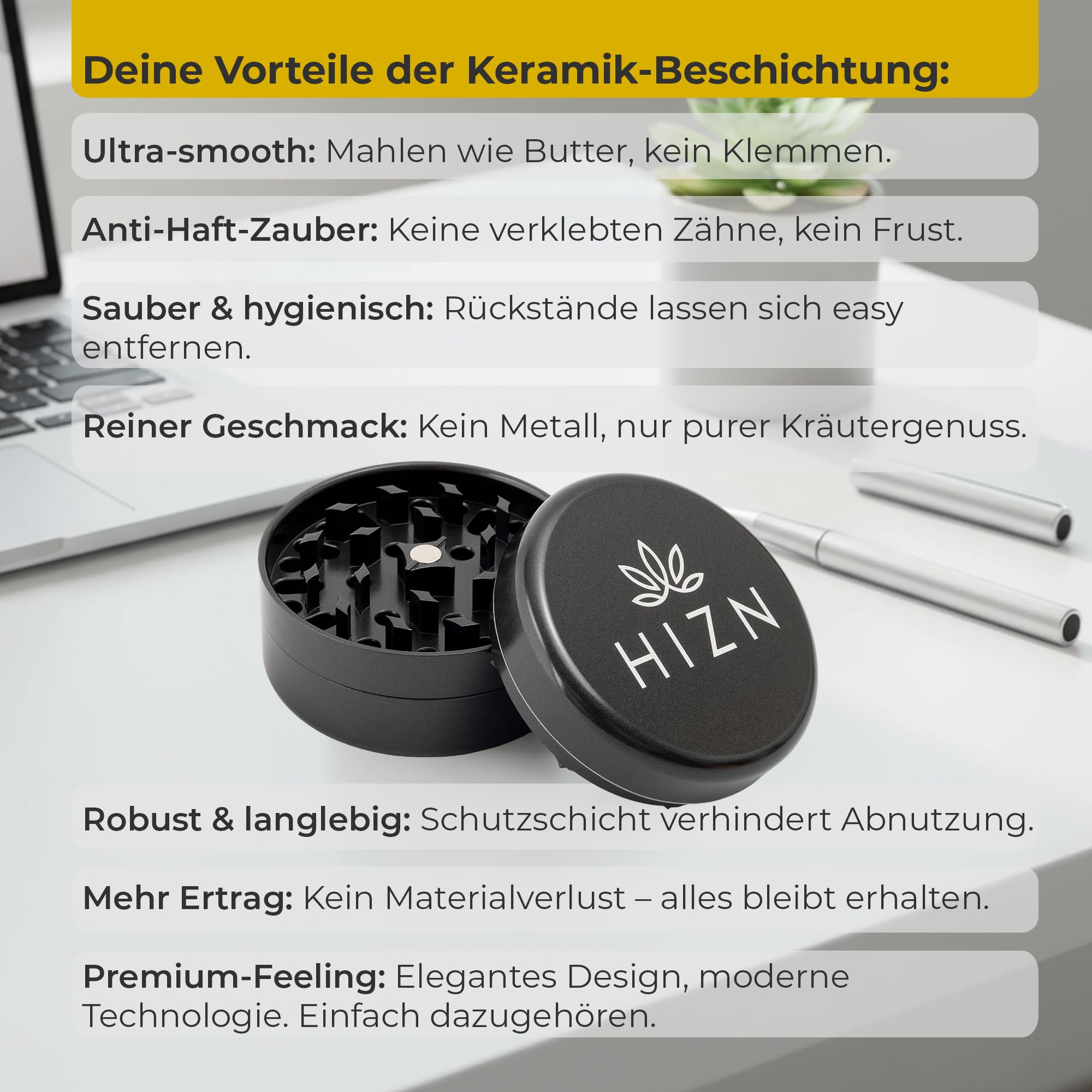 Keramik Grinder, 63mm Alu-Grinder mit Nanokeramik-Beschichtung, antihaft, 3-teilig, inkl. Beutel, Pollenschaber, Pinsel und Mundstück (Grau)