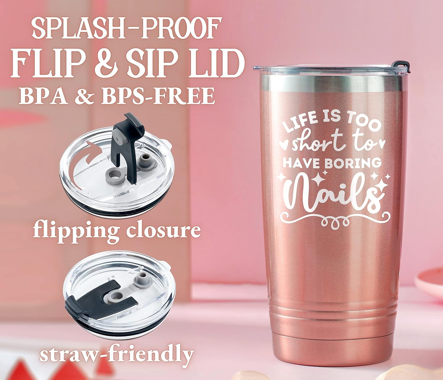 Onebttl Funny Nail Tech Gifts, Nail Tech Must Haves - Life If Too Short To Have Boring Nails - 20oz Stainless Steel Mug with Lid and Straw - Rose Gold