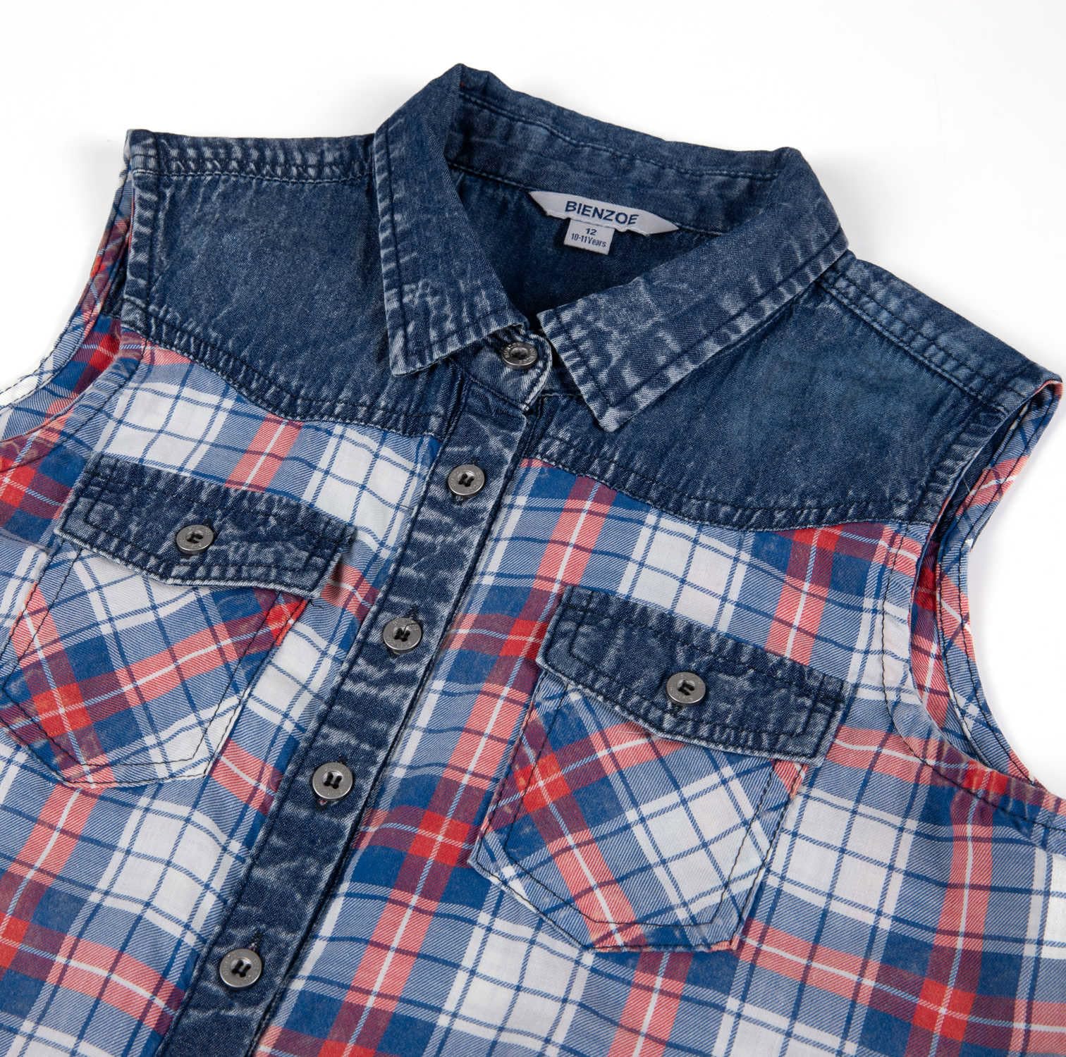 Bienzoe Camiseta corta sin mangas para niñas: blusa informal occidental con botones a cuadros vaquera