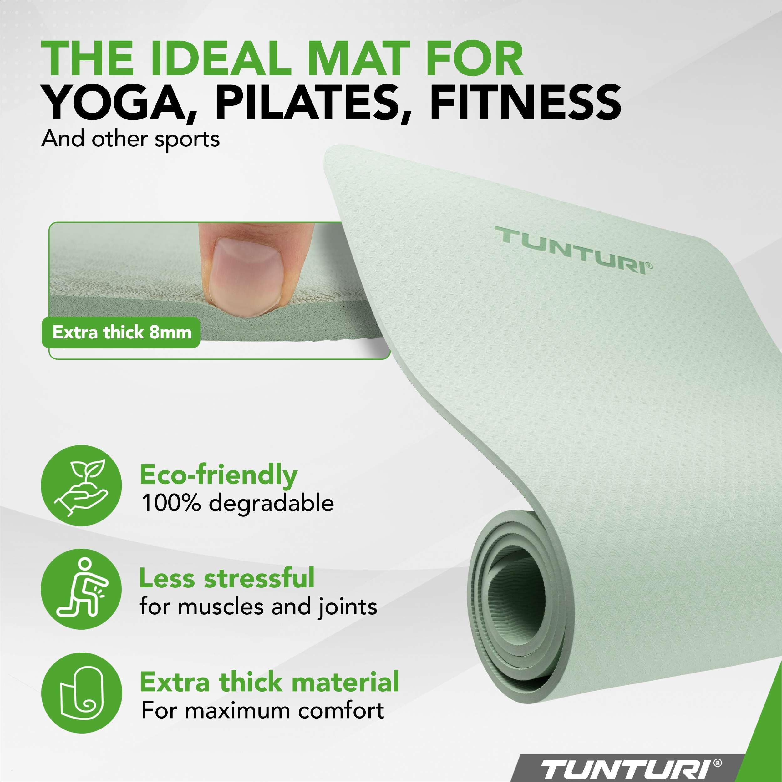 Tunturi Tappetino da yoga spesso 8 mm, antiscivolo, con tracolla, per yoga e pilates, tappetino sportivo, 183 x 61 x 0,8 cm, particolarmente confortevole, menta