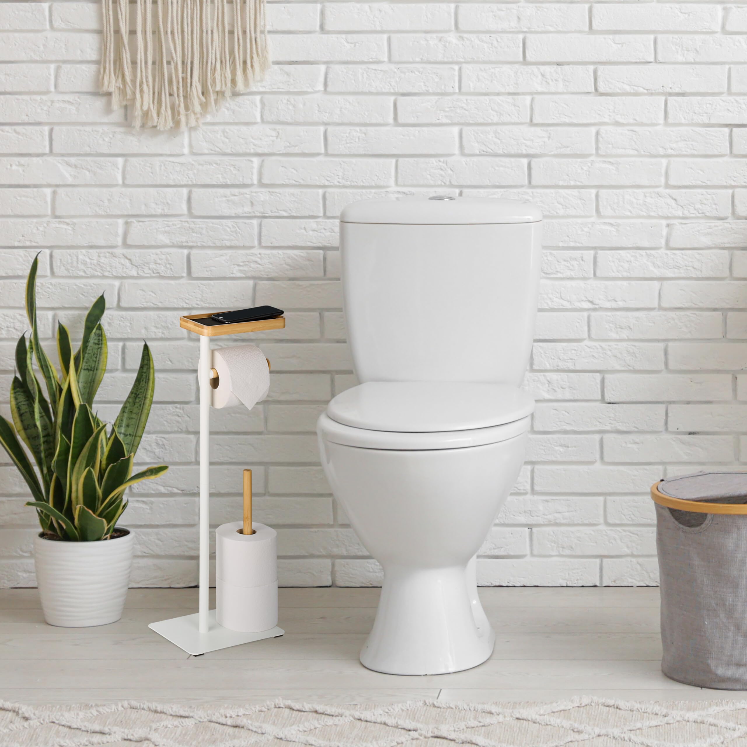 Relaxdays Support pour Votre Papier Toilette, Non Fixe, Fer et Bambou, Place pour Le téléphone, Blanc et Nature