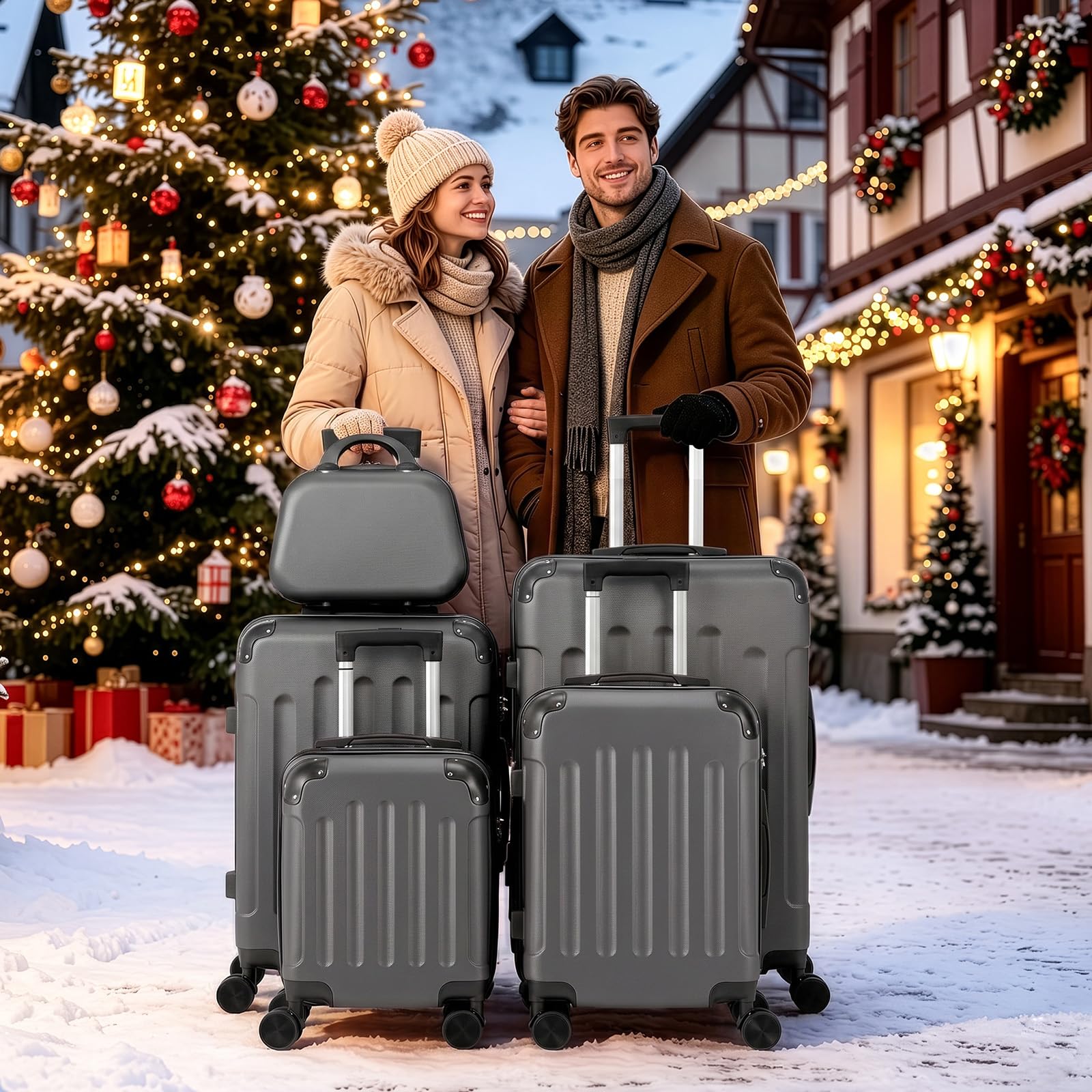 LEADZM Koffer Set 5 teilig Hartschale mit Kosmetikkoffer, Kofferset mit verstärkten Ecken, Reisekoffer mit Rollen Groß, Handgepäck, Hartschalenkoffer Set aus ABS, Koffer & Trolleys (Dunkelgrau)