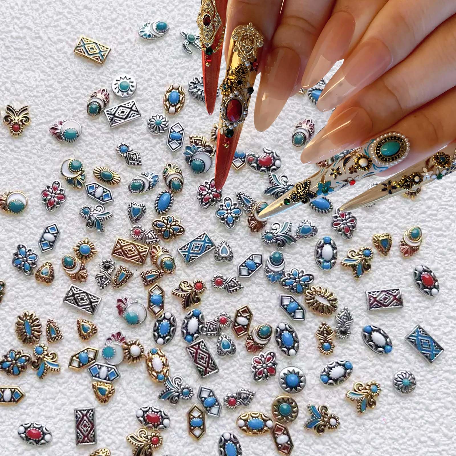 ONPRESS 50Pcs Colorful Rock Nail Charms Retro Metal Bohemia Nail Art Charms Retro Alloy Turquoise Totem Nail Diamonds 3D Western Blue White Pink Marble Gemstones Jewel Accessories For-image-34