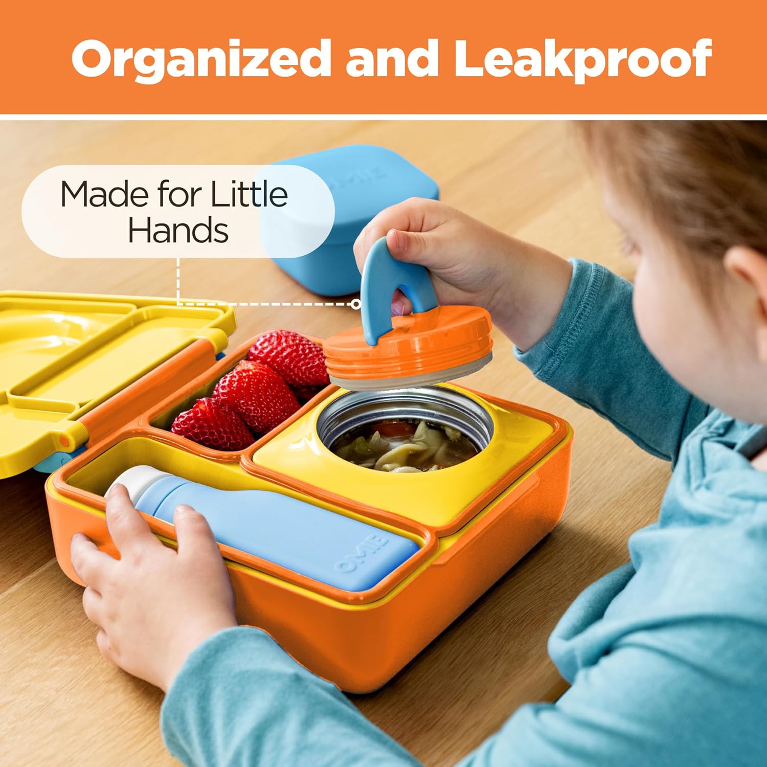 OmieBox Bento Box for Kids - Insulated Bento Lunch Box with Leak Proof Vacuum Insulated Food Jar - 3 Compartments, Two Temperature Zones (Sunshine) - Image 5