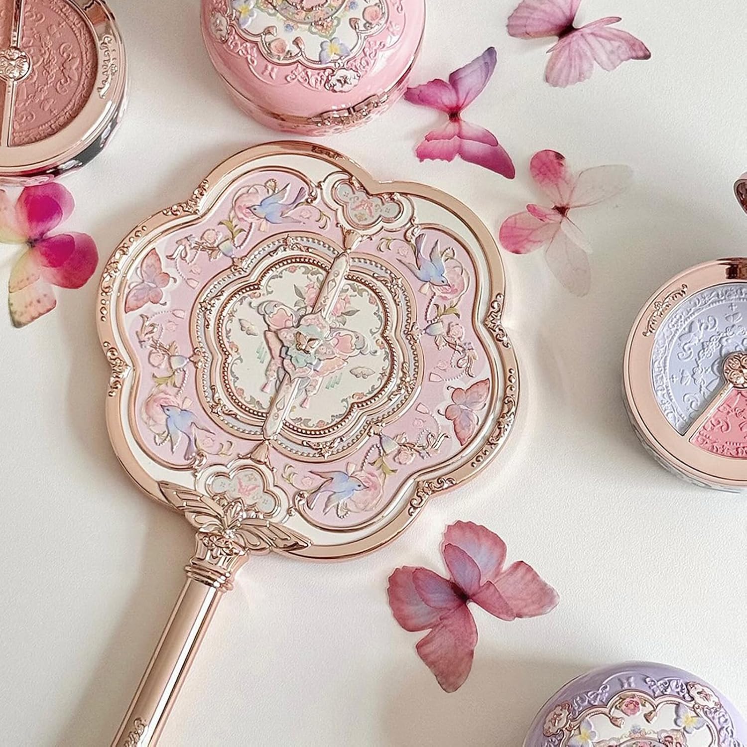 Flower Knows Butterfly Cloud Collar Hand Mirror,Vintage Chinese Round Fan Design,Fancy & Pretty Princess Handheld Mirror with Long Handle,Gift for Girls & Women(Lotus Pink)