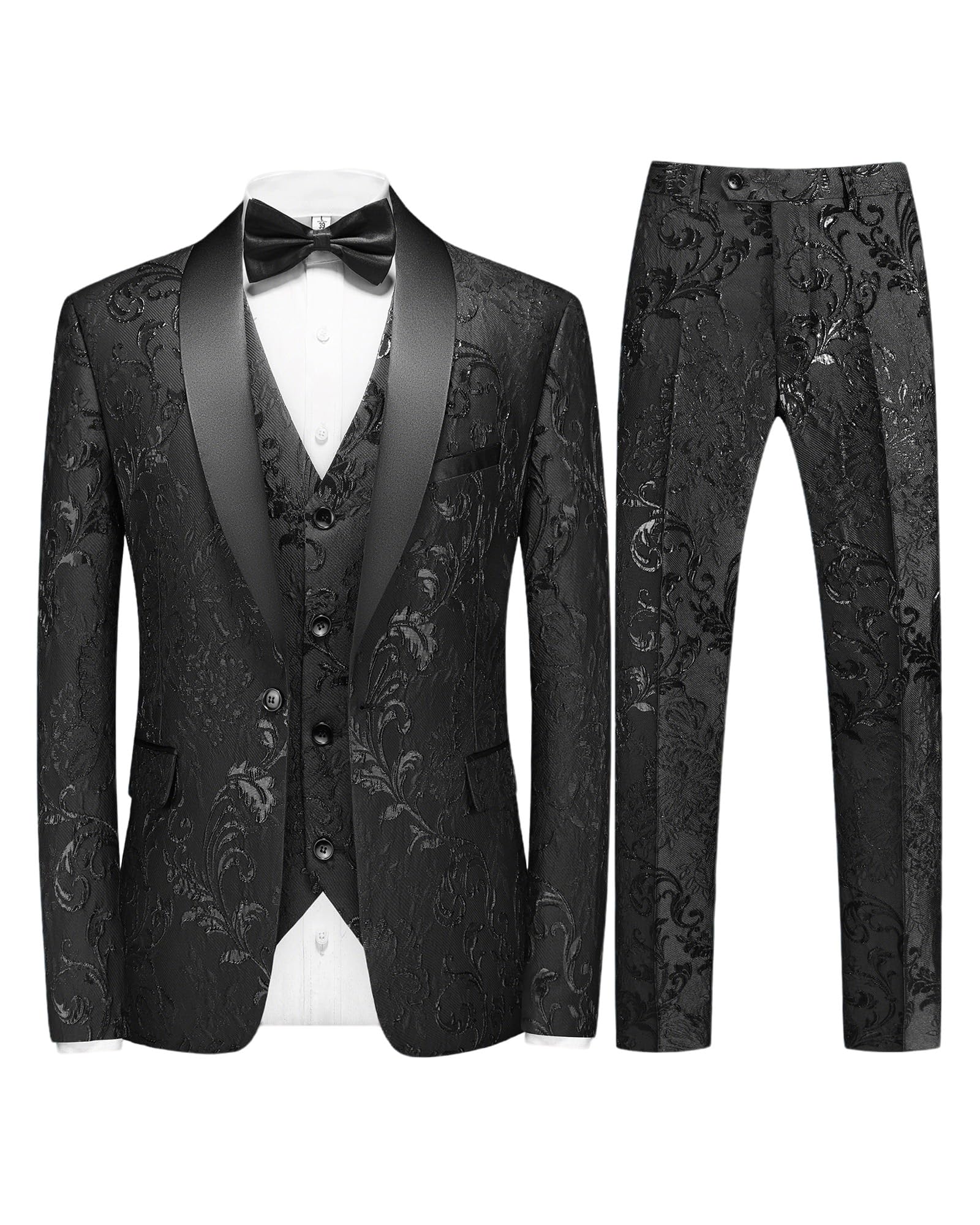 KUDORO Men's Suit 3 Piece Satin Shawl Lapel Tuxedo