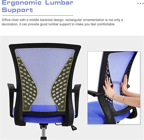 Miniatura 4 de Sillas de escritorio de oficina en casa, silla ergonómica de oficina con respaldo medio, silla de trabajo de malla con soporte lumbar y Azul,Negro