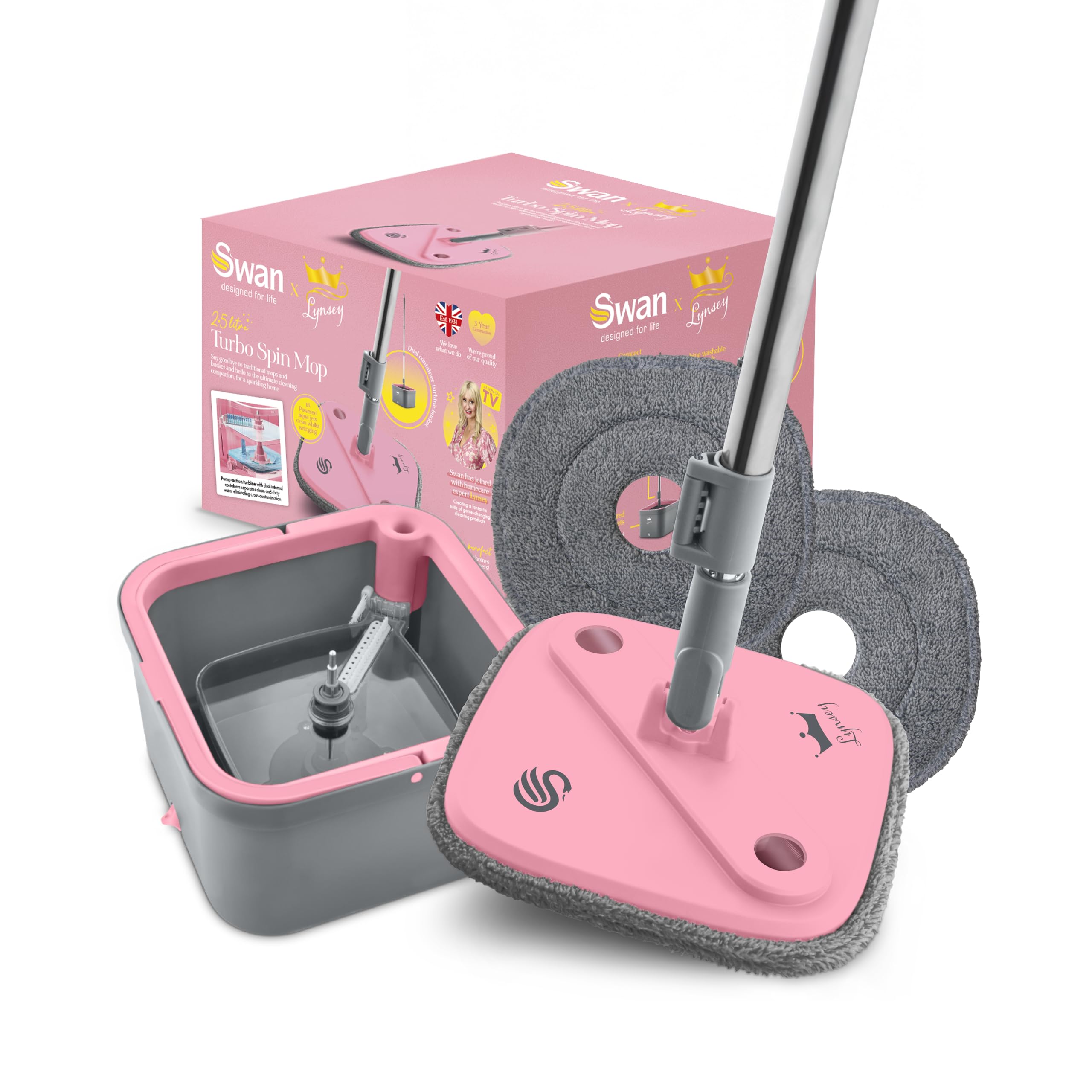 Swan x Lynsey Turbo Spin Mop with Rinse and Wring 360° Spin Cycle, Two 2.5L Water Tanks, Collapsible Handle, Microfibre Pad and Machine Washable Heads, Pink and Grey