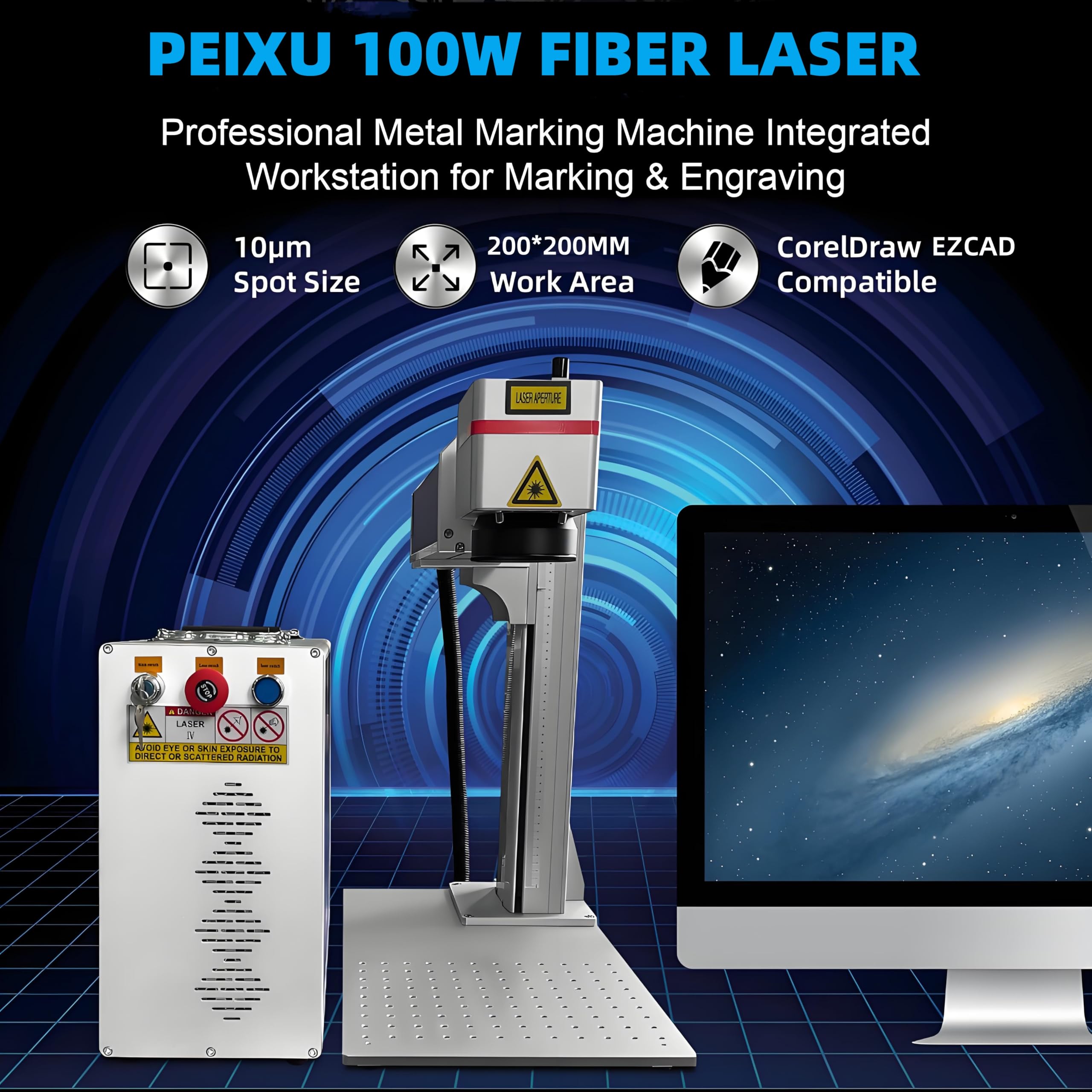 Laser a Fibra Macchina Per Incisione Laser 100W Fibra Laser Macchina a Fibra Ottica Laser 200 * 200MM Macchina per Marcatura per Metalli/Alluminio/Acciaio/Oro/Argento/Rame,Dotato di Albero Rotante