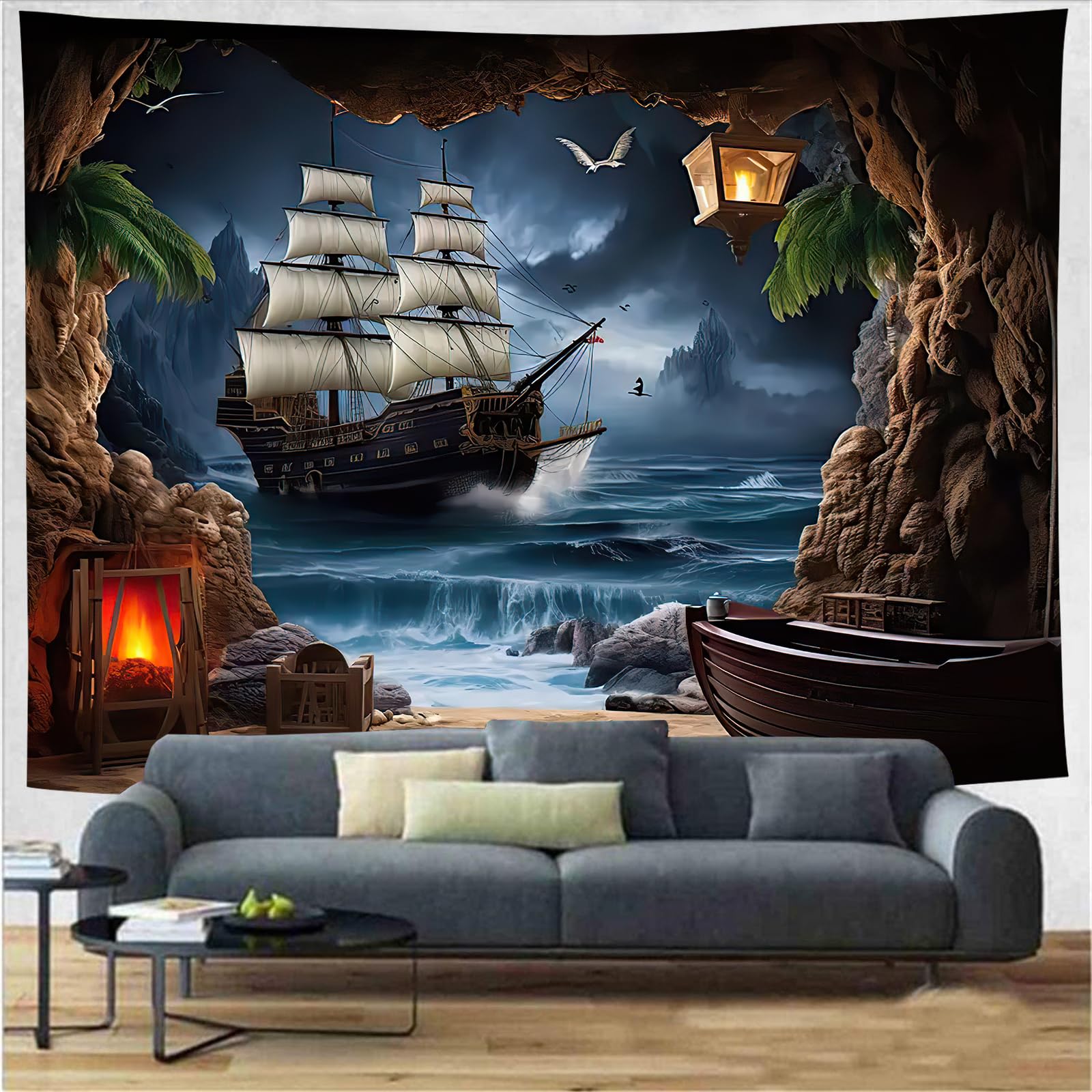 FENDROM Vintage Nautical Tapestry Decor Ghost Sailboat Wall Art Fantasy Ocean Scenery Nautical Pirate Ship Wave Sailing moon Wall Hanging Tapestries Decor Bedroom Living Room Dorm