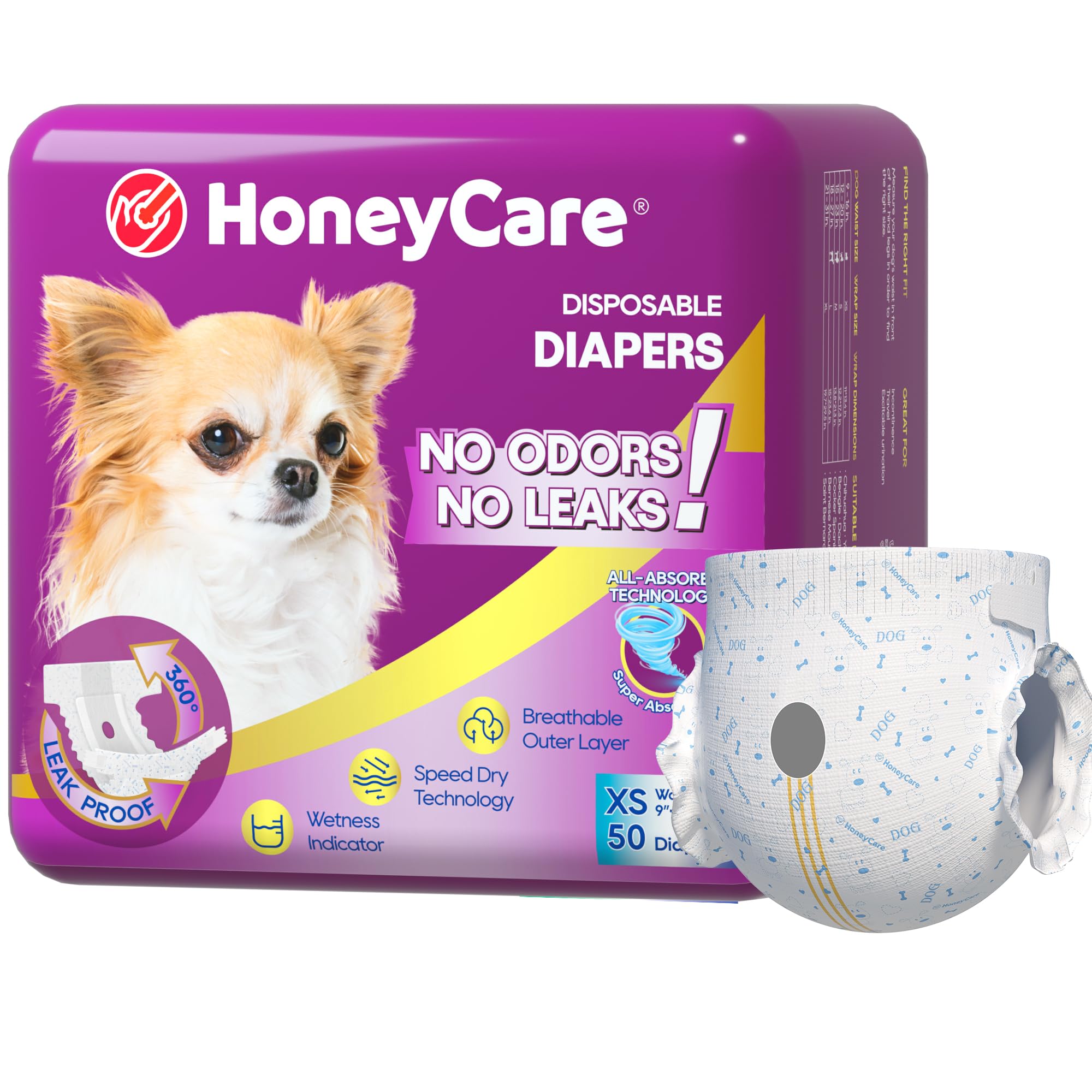HONEY CARE All-Absorb Disposable Female Dog Diapers Extra Small Size, Improved, 50 Count, Super Absorbent, Breathable, Wetness Indicator (Pack of 1, 50 Count Total)