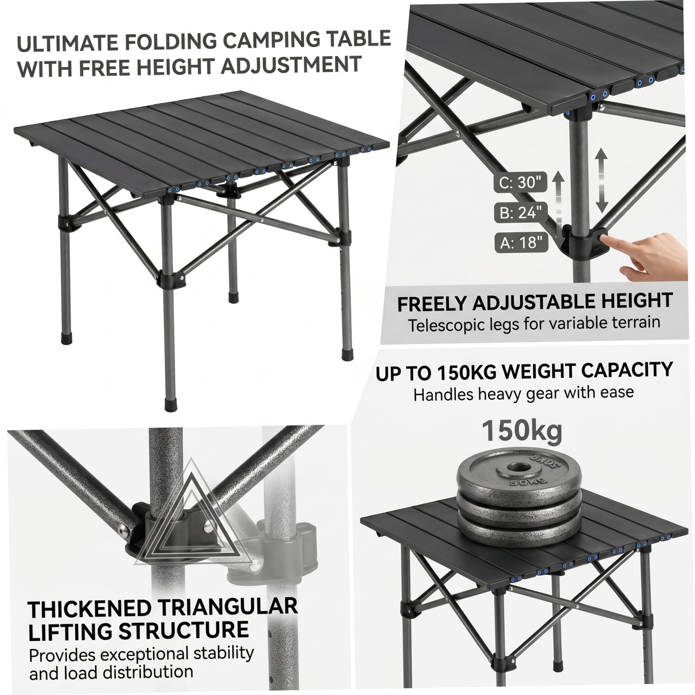 Mesa de Camping Enrollable de 19, 69 x 19, 69 Pulgadas con Marco de Acero al Carbono, Mesa Auxiliar pequeña Plegable portátil para Picnic al Aire Libre, Playa, mochilero, Negro