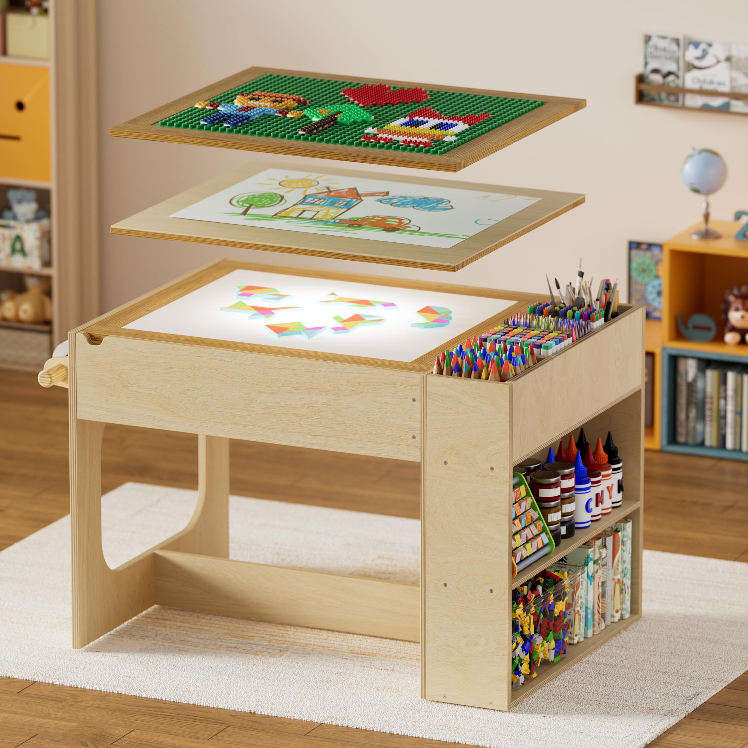 MSFE Spieltisch mit Stauraum,Sensorischer Leuchttisch für Kinder,Dimmbare RGB Beleuchtung,Seitliche Fächer und Papierrollenhalter,Austauschbare Tischplatten für Bausteine,Pausen/Abpausen und Malen