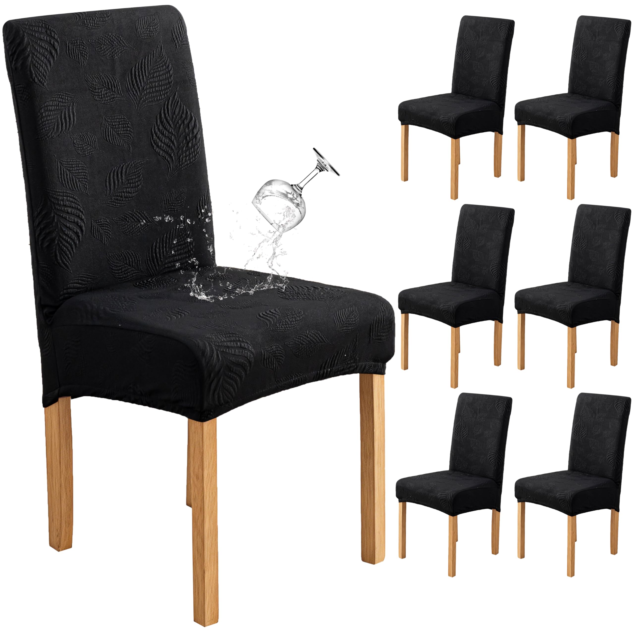 Genina Waterproof Dining Chair Cover Set of 6,Large Chair Slipcover,Black