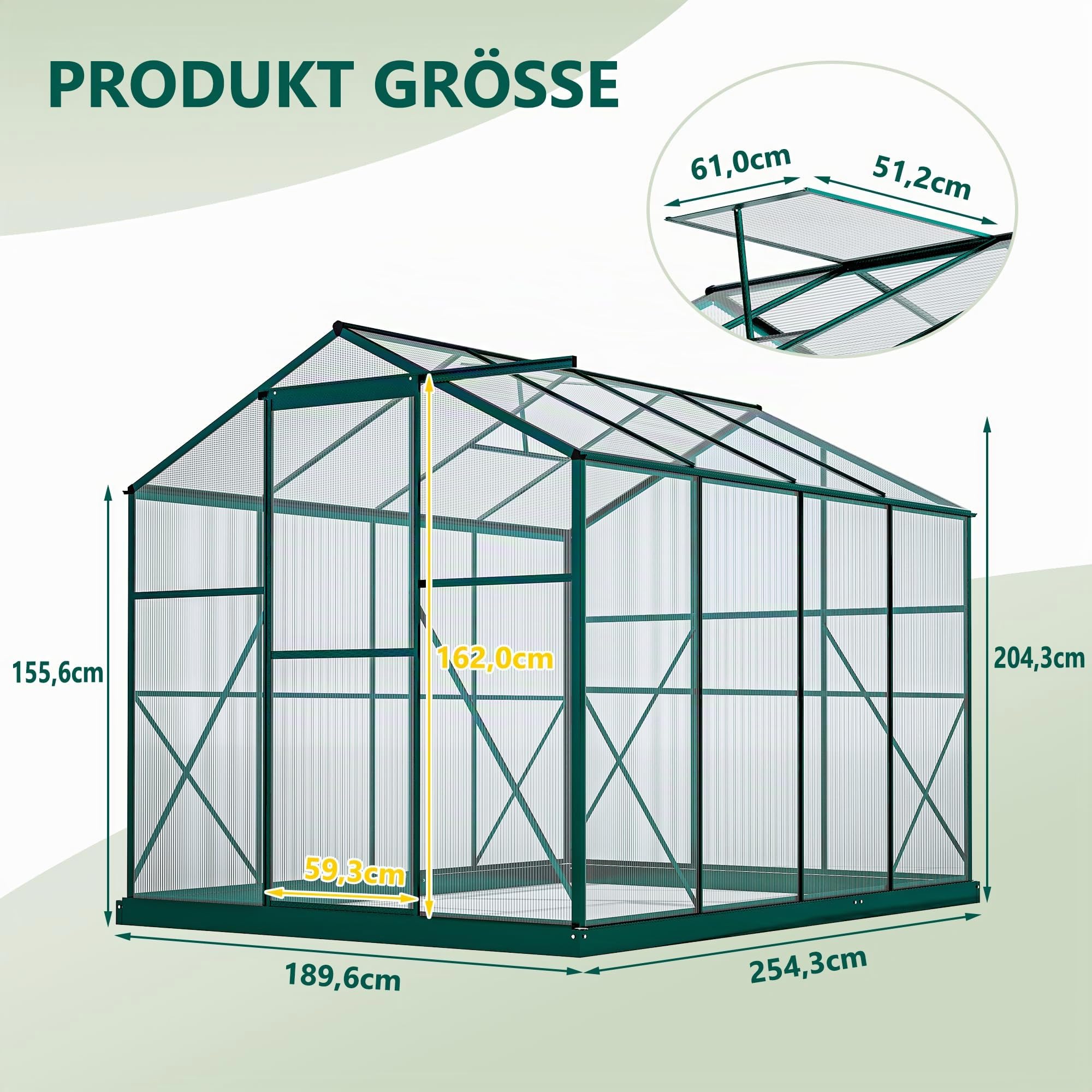 Gewächshaus Aluminium mit Fundament 254 x 190 cm, Hohlkammerplatten, Winterfest & UV-beständig, Stabil Gewächshäuser Tomaten, Frühbeet & Kräuter – Pflanzenhaus, Treibhaus für Garten, Grün