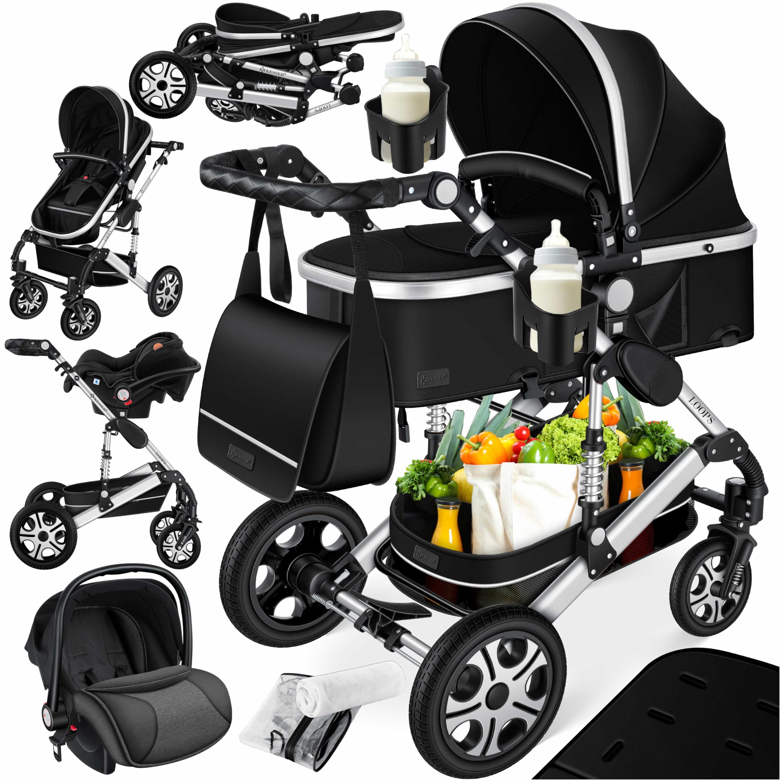 KESSER® Loops 4 in 1 Kinderwagen Kombikinderwagen Komplett-Set inkl. Babywanne & Buggy Sportsitz & Auto-Babyschale Voll-Gummireifen Wickeltasche Regenschutz Kindertisch ECE R129, Schwarz/Silber