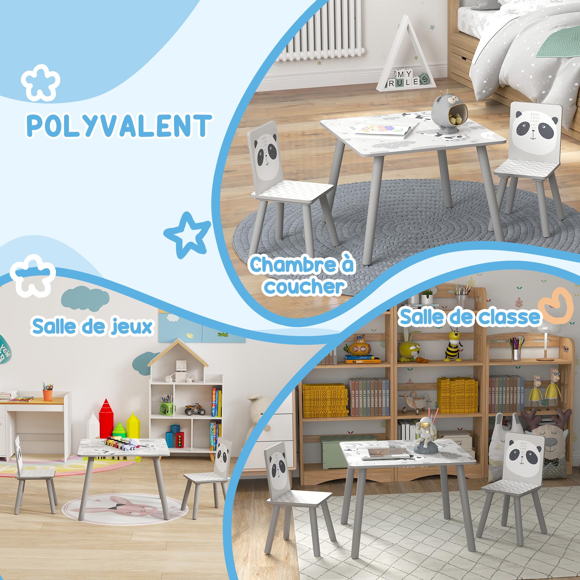 ZONEKIZ Table et 2 chaises pour Enfants 3-8 Ans Ensemble 3 pièces Motif Animaux pour Chambre à Coucher Salle de Jeux Pieds en Bois Massif Gris