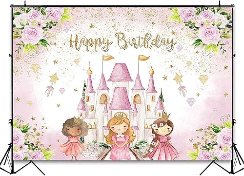 Miniatura 4 de Avezano Telón de fondo de castillo de princesa decoración de fiesta de cumpleaños con flores rosas para niñas dulces estrellas doradas con purpurina