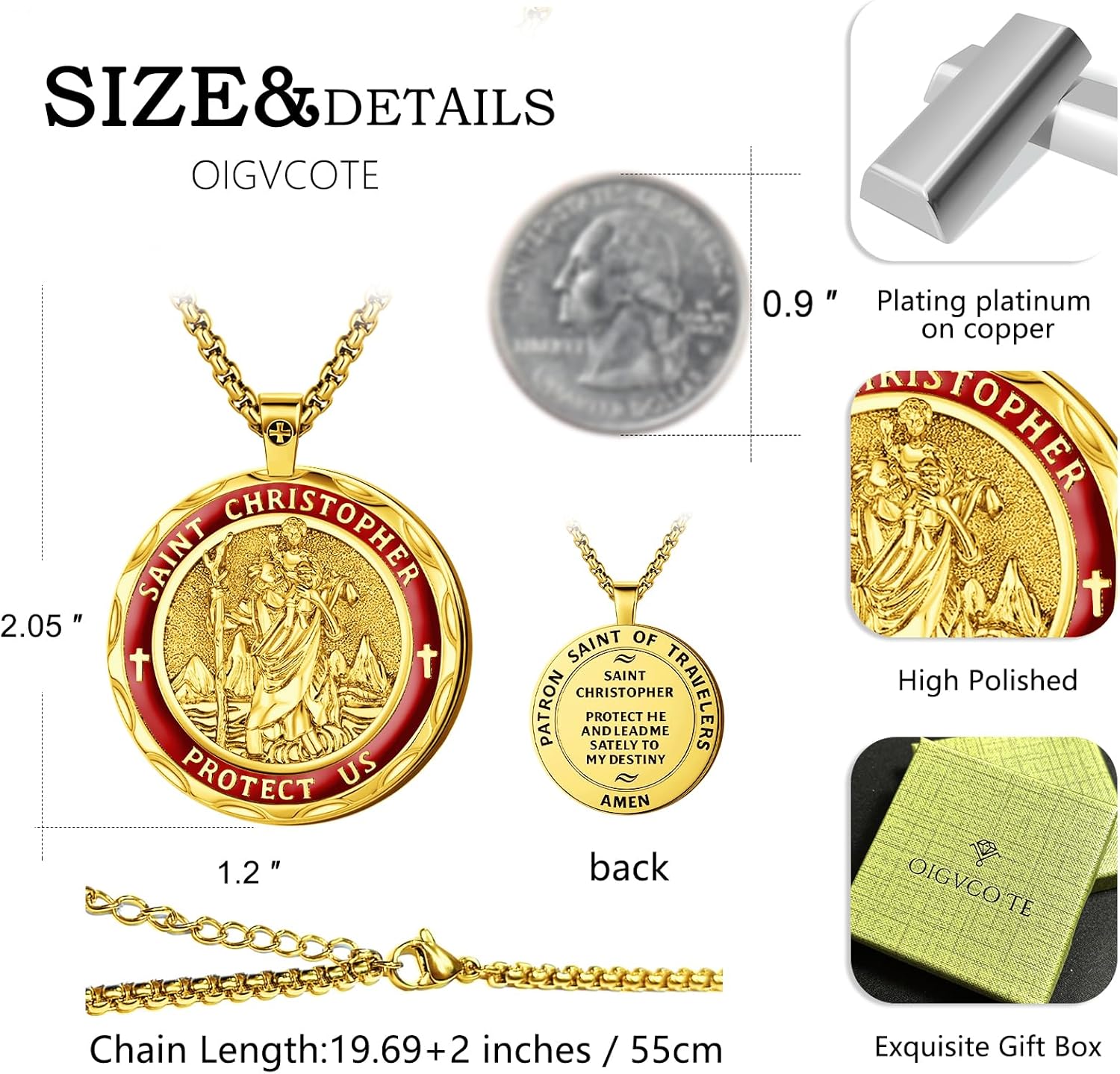 St.Jude/St.Christopher/Saint Joseph/Platinum-plated religious pendant, large coin necklace, 19.69+2 inch chain, Catholic patron saint medal, high polishing. - Image 4