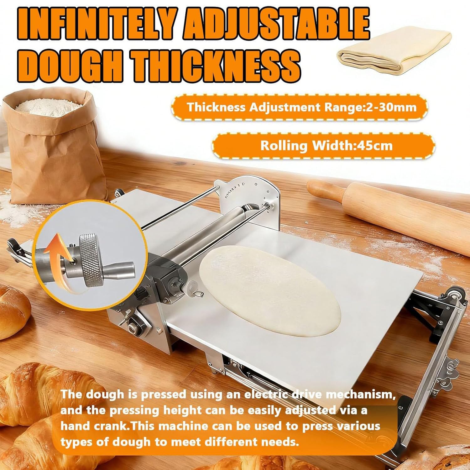 Espátula eléctrica Comercial para Masa, Grosor Ajustable de 2 a 30 mm, Acero Inoxidable Apto para Uso alimentario y Tablero Antiadherente de PE, Equipo Profesional para repostería 1i2