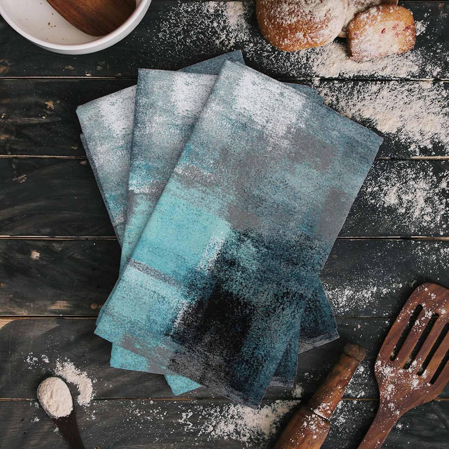 Kitchen Towels,Microfiber Cleaning Cloths, Turquoise and Grey Abstract Art Painting Teal Soft Dish Towels for Kitchen, Pack of 3 Absorbent Reusable Dish Towels,Tea Towels,Bar Towels,18x28 Inch