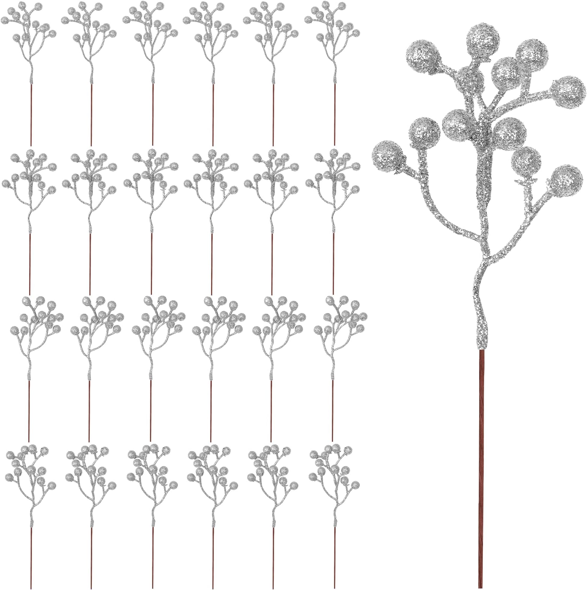 24 PCS Christmas Tree Decorations, 7.08 in Silver Berry Stems, Artificial Floral Picks Holly Beery Xmas Berries, Glitter Christmas Picks Holiday Decorations Garland Decor DIY Craft