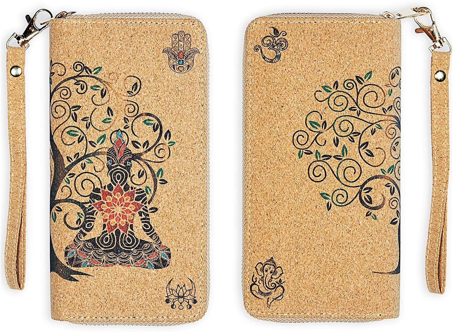 Buddha Cork Vegan Wristlet Wallet - credit card, business cards, coins & bills Room for Cellphone - Image 3