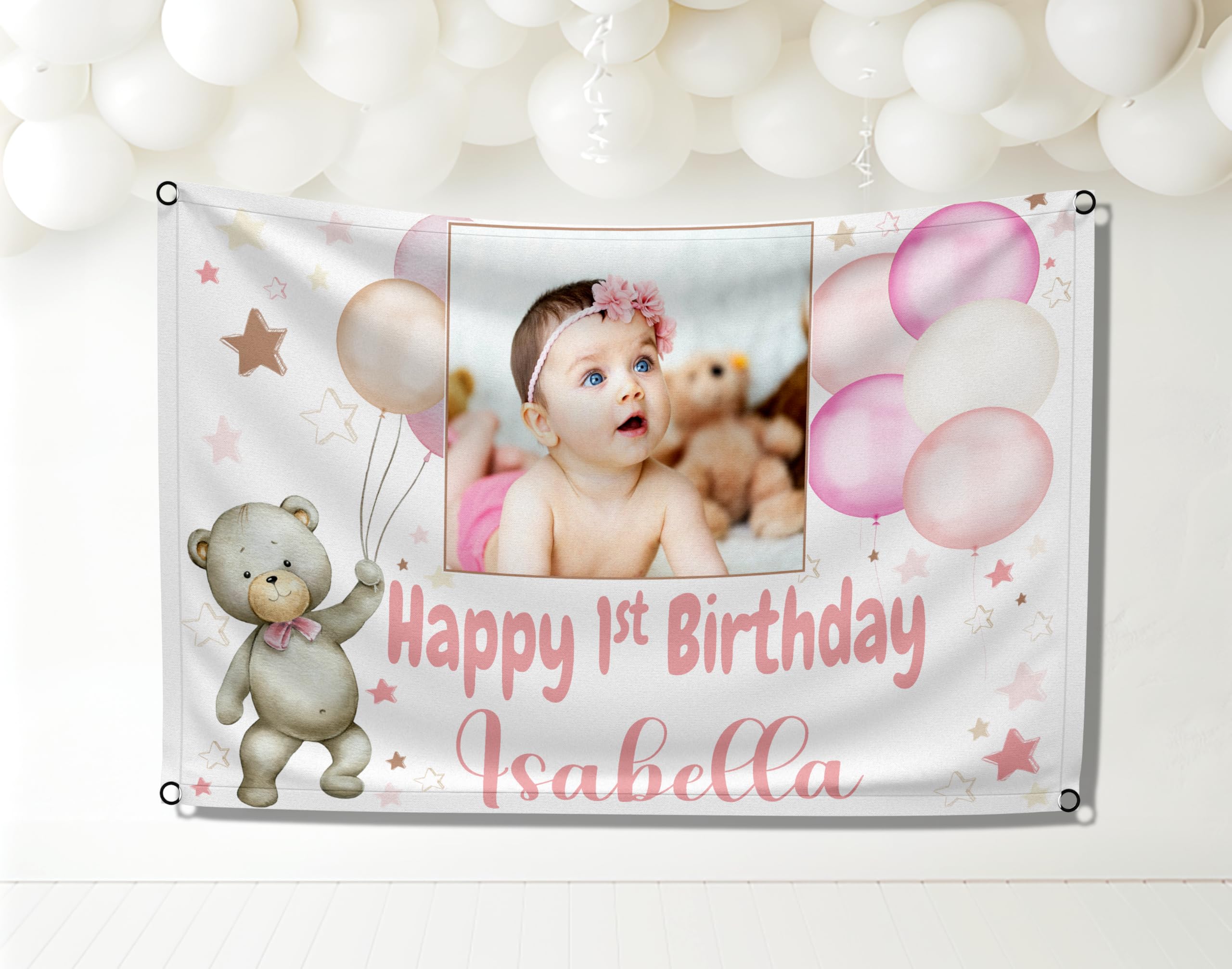 Large Personalised 1st Birthday Backdrop First Birthday Banner for Girls Customised with Name Age Photo Teddy Bear Party Decorations Pink 2nd Outdoor (Teddy Bear Pink, 5x3.5ft - Outdoor Polyflag)