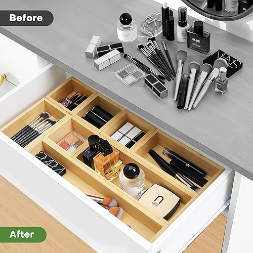 Miniatura 4 de Juego de organizadores de cajones de bambú, 9 organizadores individuales de almacenamiento de madera multiusos, divisor de cajones de basura y