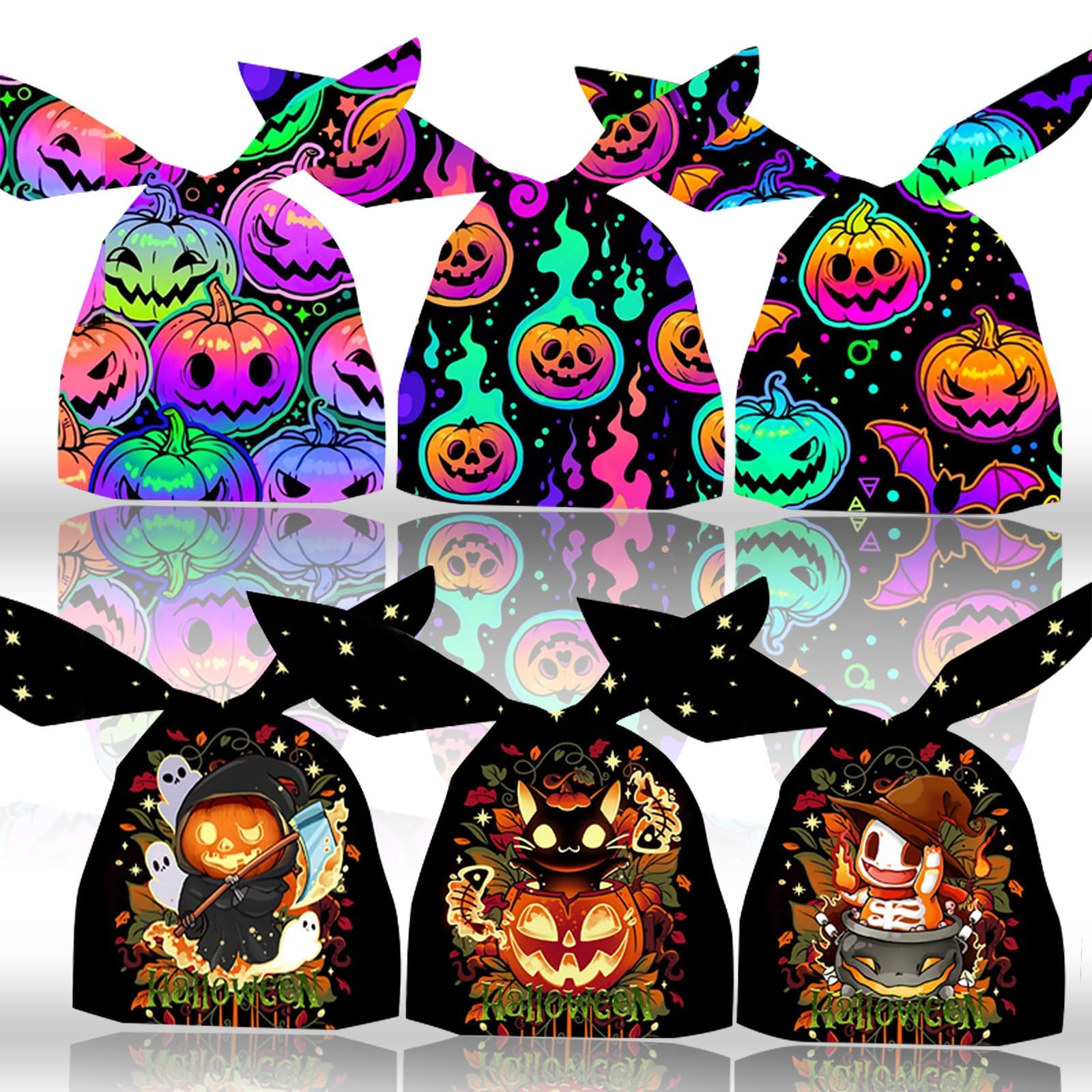 100 Pcs Pumpkins Halloween Sweet Bags, 6 Spooky Prints with Twist Ties
