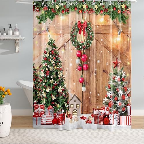 Miniatura 9 de Cortina de ducha de perro de Navidad, diseño de camión rojo para regalo de árbol de Navidad, diseño de pájaro cardenal, 72 x 72 pulgadas