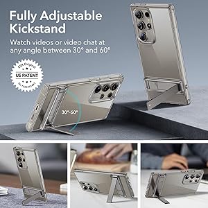 ESR for Samsung Galaxy S24 Ultra Phone Case, 3 Stand Modes Kickstand for S24 Ultra Cover, Military-Grade Drop Protection, Slim Fit, Boost Series Case, Clear Grey