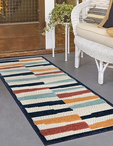 Miniatura 4 de Unique Loom Belize Outdoor Collection - Alfombra Lamanai (2 x 10 pies, color marfilazul marino)