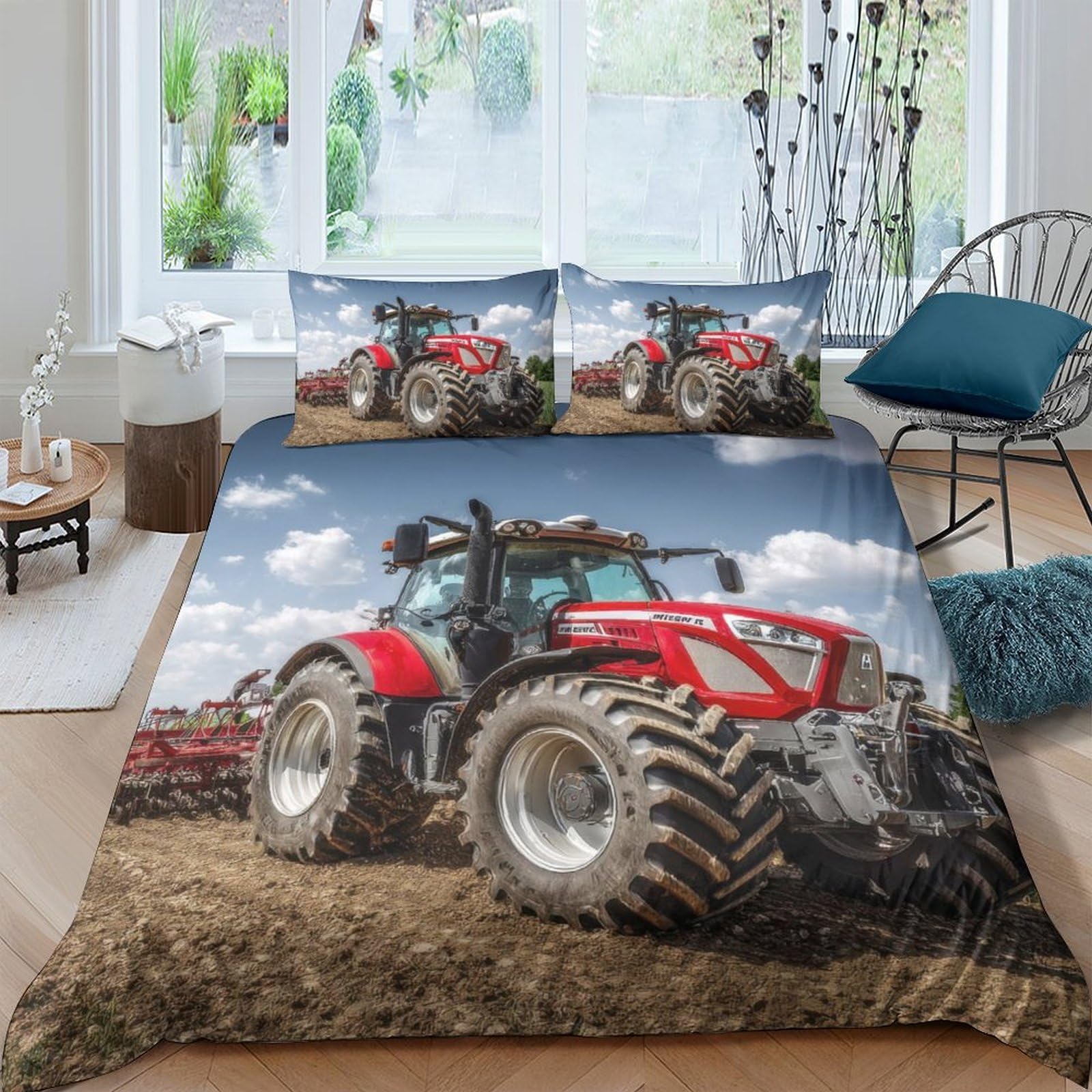 Ctjqhvkz Style-10 3D Printed Red Tractor Fitted Sheet Microfiber Soft Farm Field Bed Cover Anti-Slip Easy Care For Bedroom Dorm Decor Single（135X200cm）