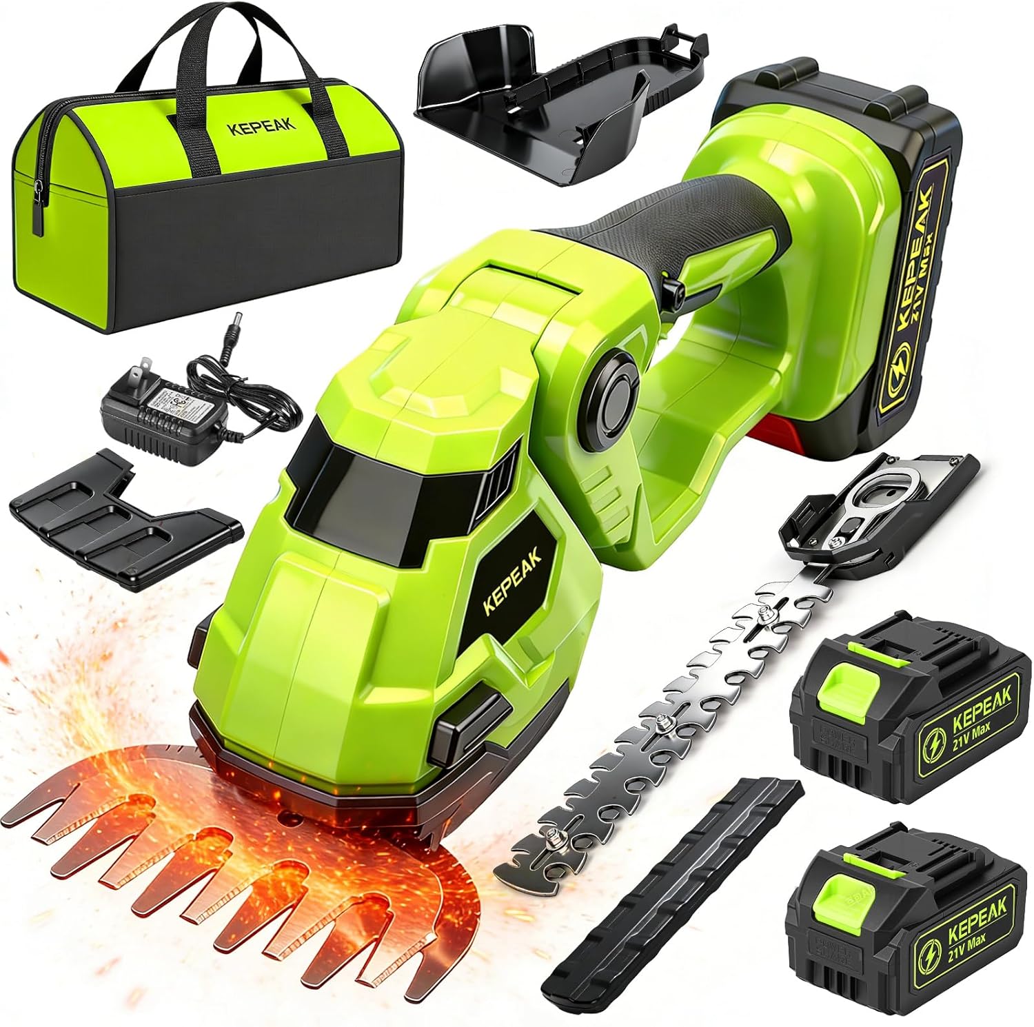 Cordless Hedge Trimmer, 2-in-1 Electric 21V Handheld Grass Shear Cutter, 90° Rotating Head, 5" Grass Shear & 9" Shrub Trimmer with 2 Blades, Hedge Shear with 2 PCS Battery and Charger for Garden, Lawn