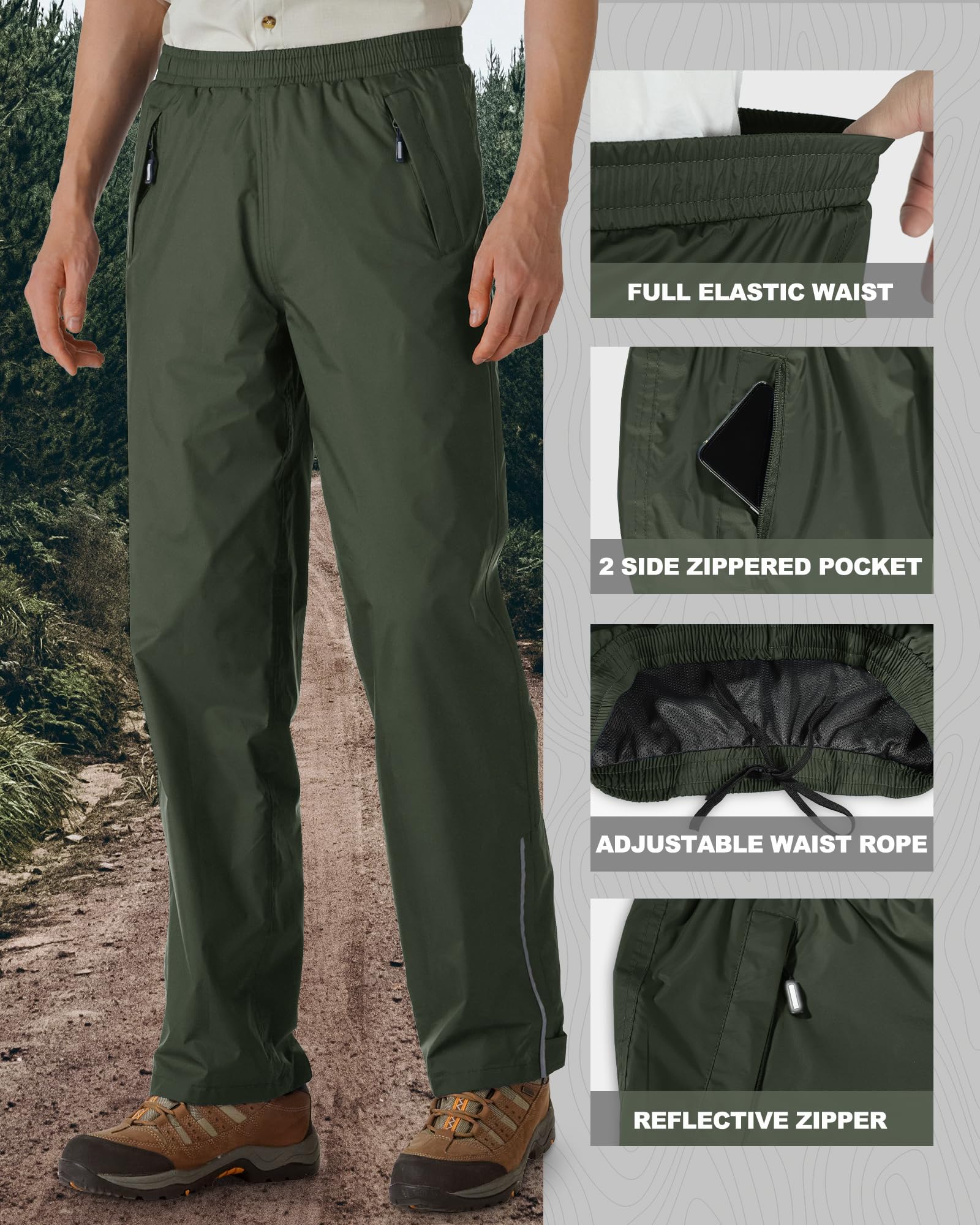 Outdoor Ventures Pantaloni antipioggia da uomo, per bicicletta, impermeabili, traspiranti, antivento, per attività all'aria aperta, da trekking, leggeri