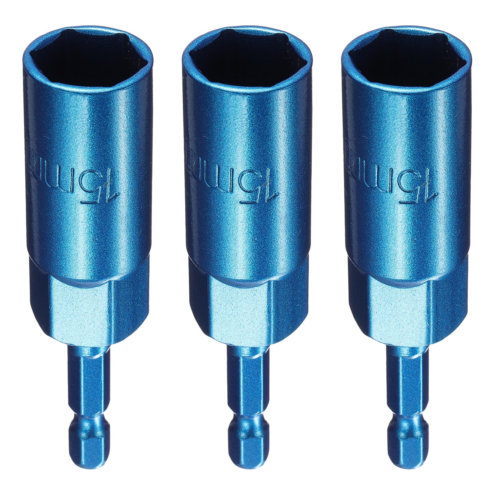 sourcing map 3pcs Nut Driver Drill Bit 15mm Metric Socket 1/4" Hex Shank 3.15" (80mm) Extra Long 6-Point Sockets Quick Change Cr-V Steel Bolt Setters for Power Drill Drivers, Blue
