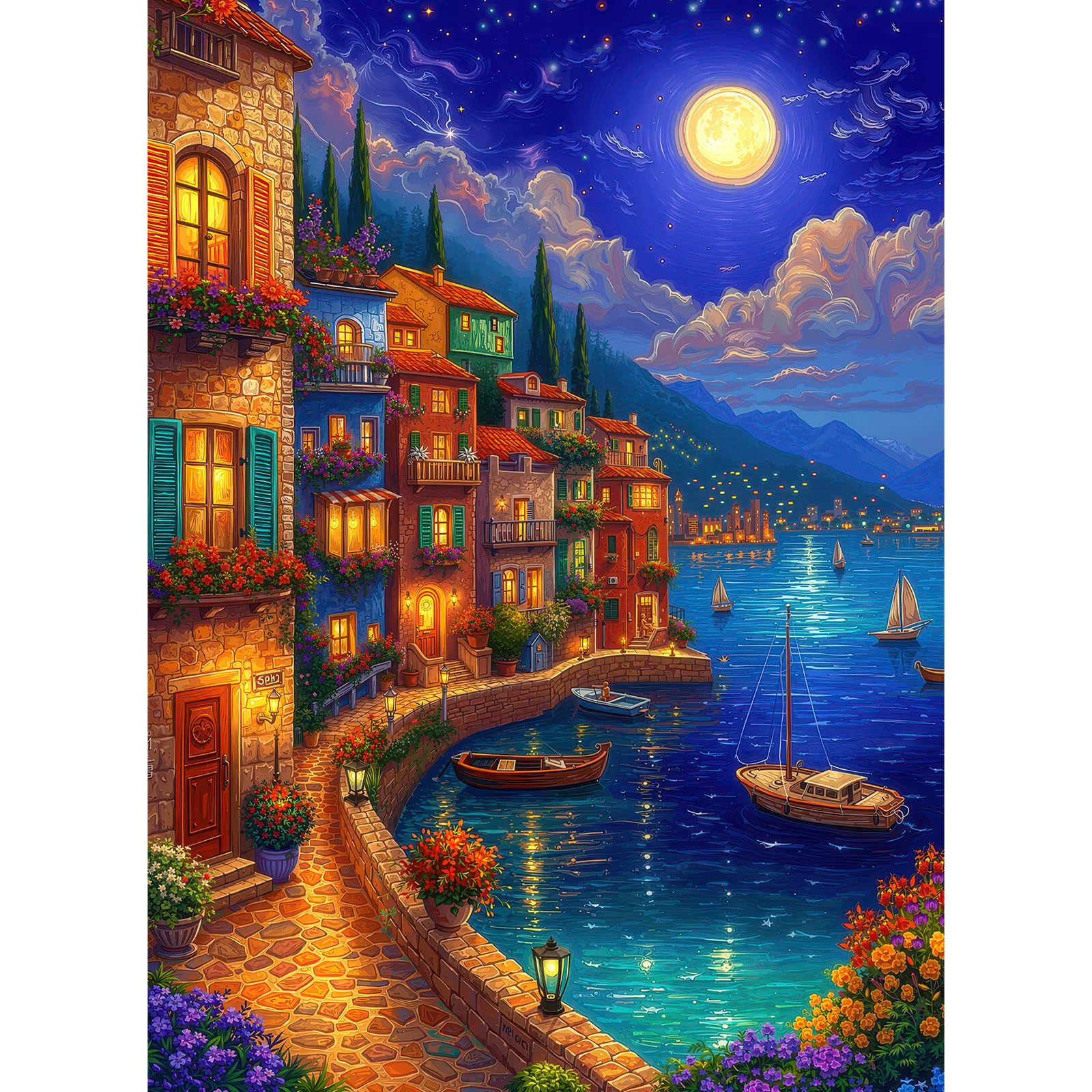 500 Piece Jigsaw Puzzle for Adults - Vibrant Mediterranean Coastal Town Puzzle Fantasy Nightscape Artwork – Challenging 500pcs Adult Puzzles Colorful Seaside Village Wall Decor Gift (Left Bay)
