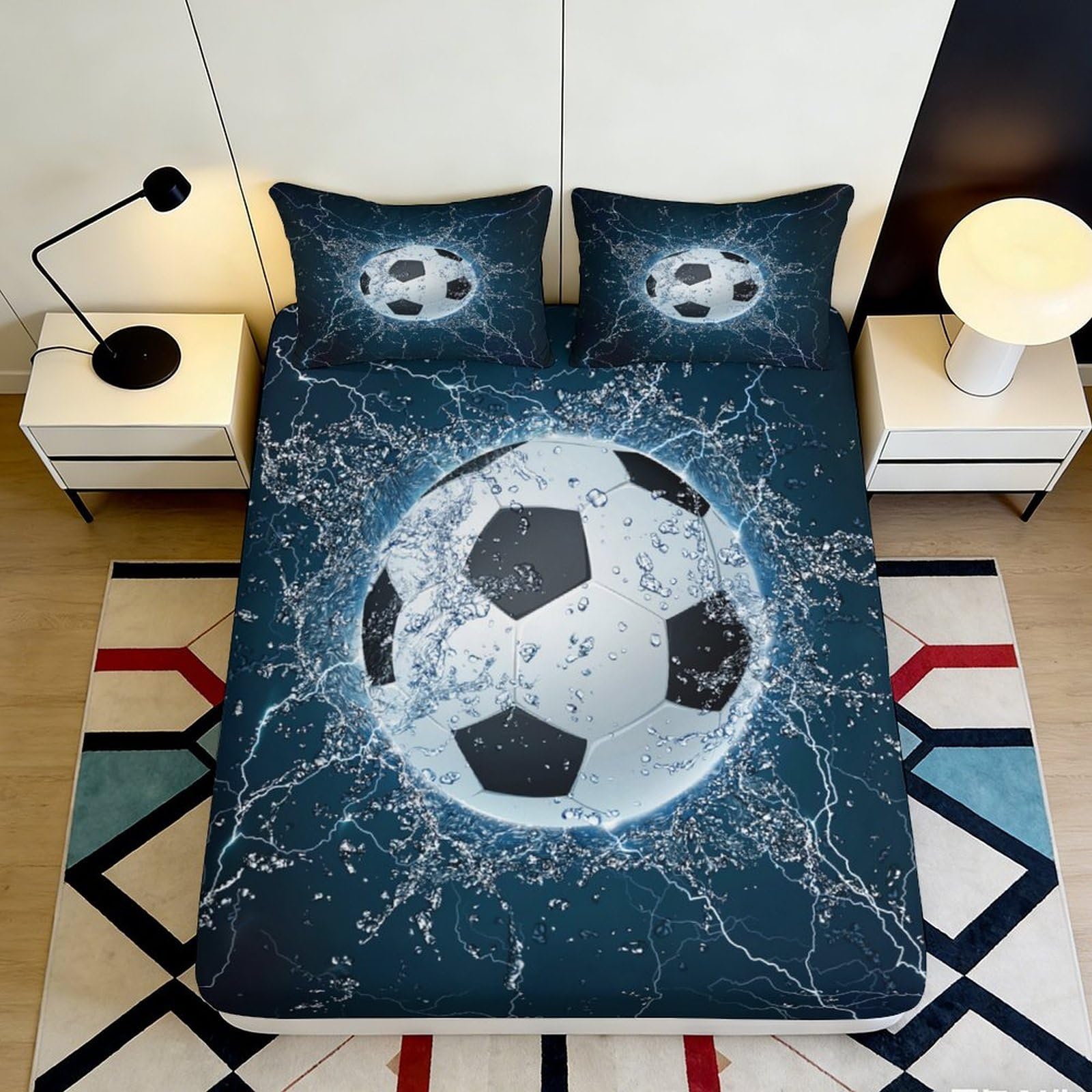 3D Printed Soccer Pattern Fitted Sheet Microfiber Deep Pocket Non-Slip Bedroom Bedding Soccer Mattress Fitted Cover Washable Wrap 90x200x25cm
