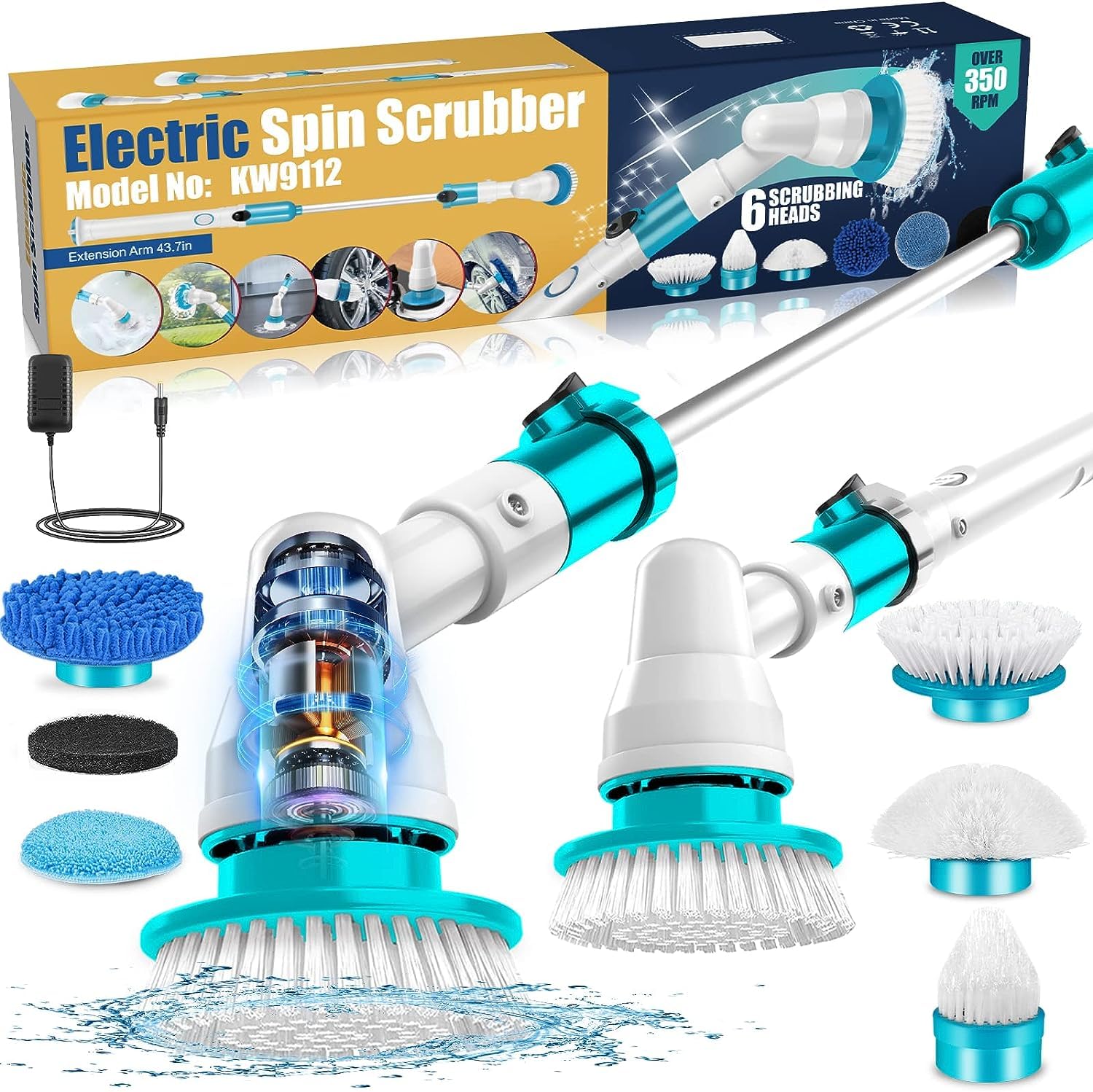 YurDoca Electric Spin Scrubber,Cordless ​Shower Cleaner Bathroom Cleaning Brush Electric Brush w/ 3 Replaceable Scrubber Brush Heads & 1 Extension ArmTub,Tile,Wall,Bathroom,Kitchen,‎blue-i (ES-01)
