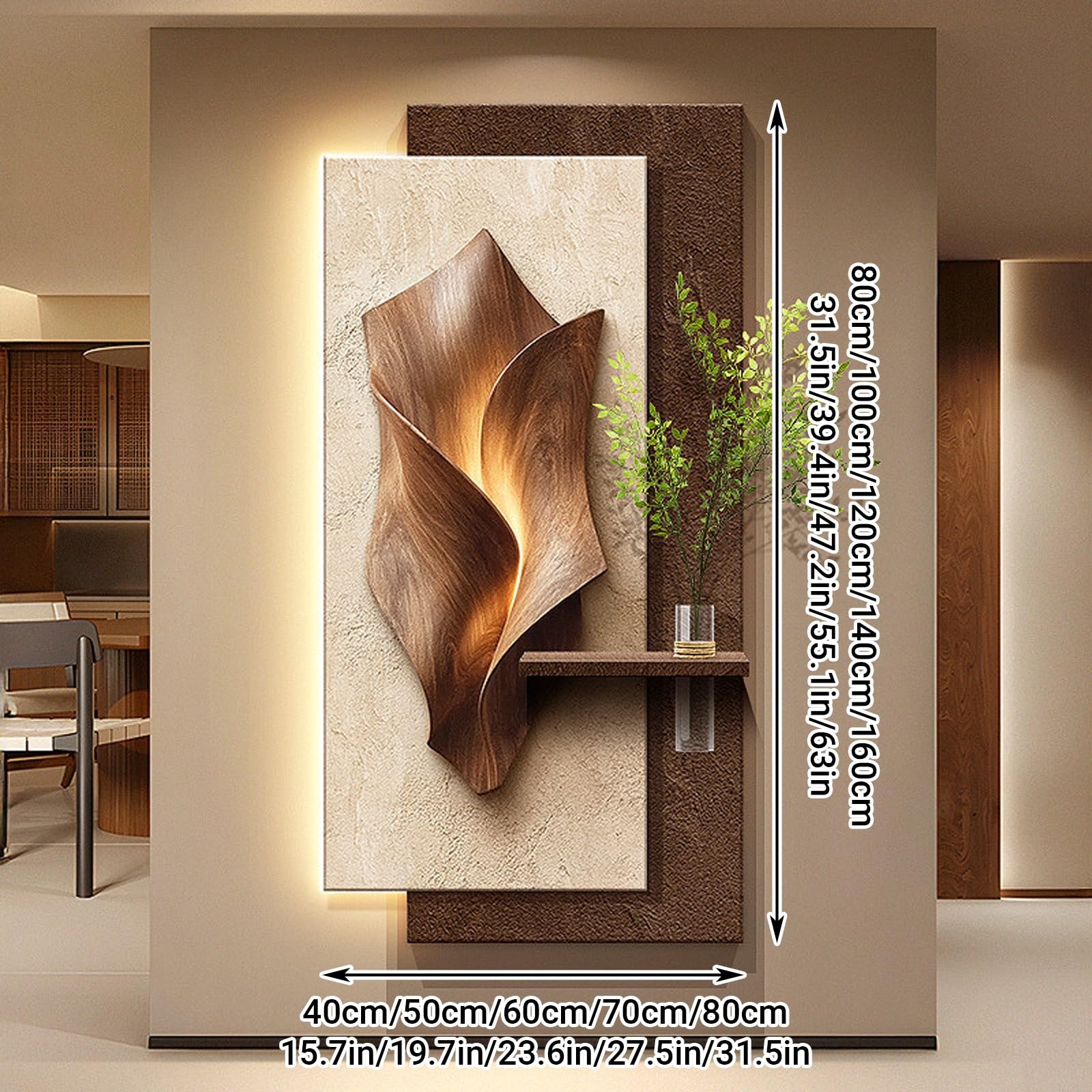 Sztuka ścienna 3D z piaskowca, ze światłem LED i wazonem do przechowywania wody, unikalna rzeźba do salonu, sypialni, wejścia, hotelu, 50 x 100 cm