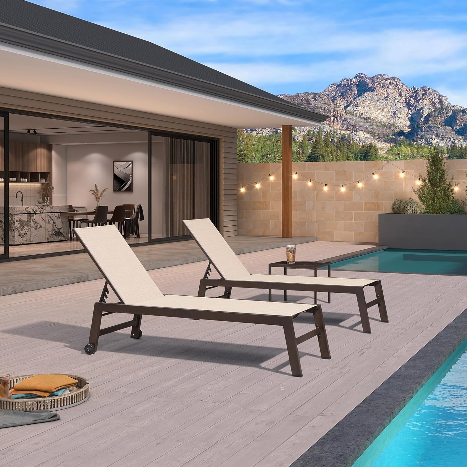 PURPLE LEAF Outdoor Chaise Lounge Chair Set of 2, Patio Pool Textilene Loungers with Adjustable Backrest and Wheels, Includes Side Table for Deck, Lawn, Garden, Cream