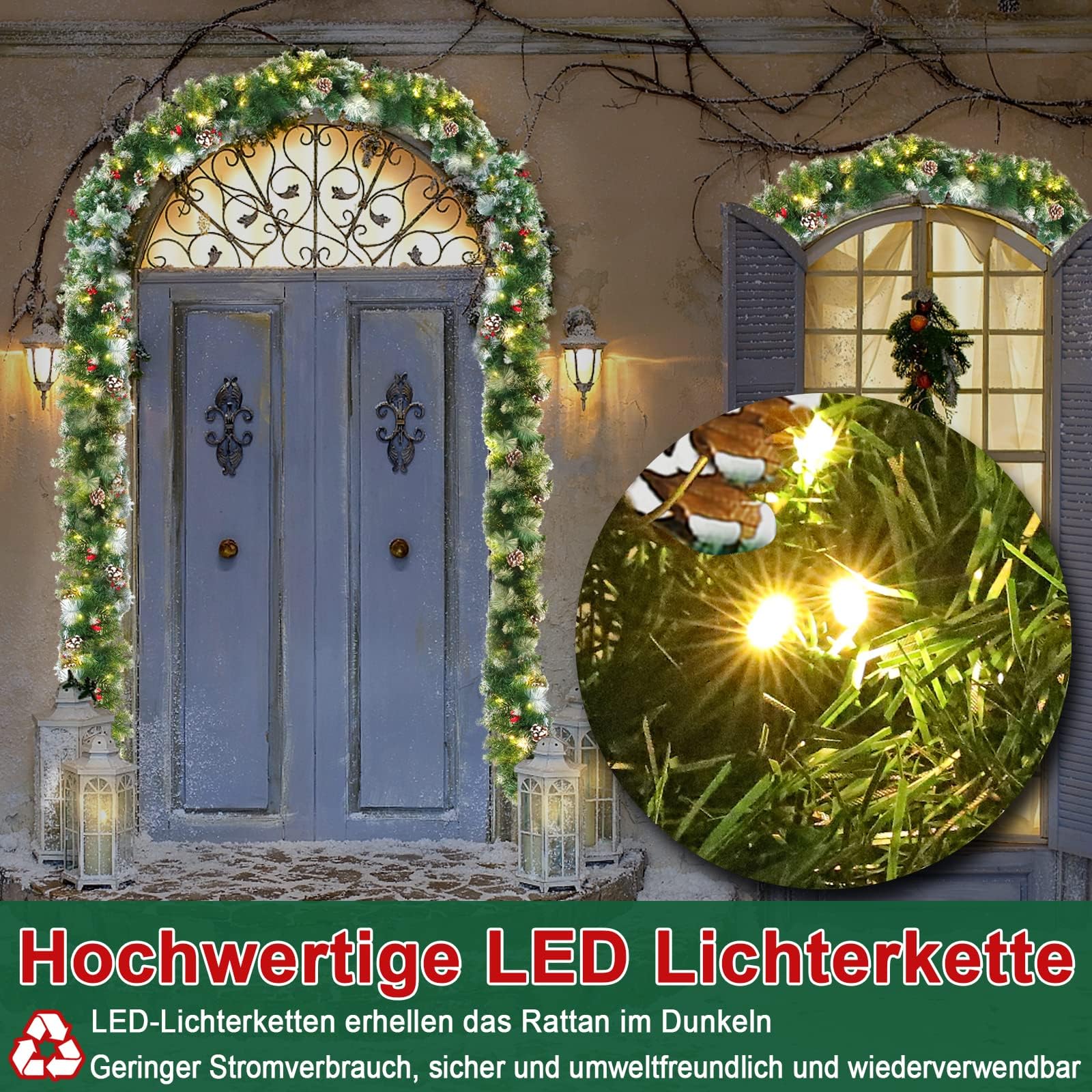 LZQ Tannengirlande 8m, Girlande Weihnachten, Weihnachtsgirlande mit Lichterkette, Weihnachtsdeko Girlanden mit Roten Beeren und Tannenzapfen, für Innen und Außendekoration von Türen, Wänden,Treppen