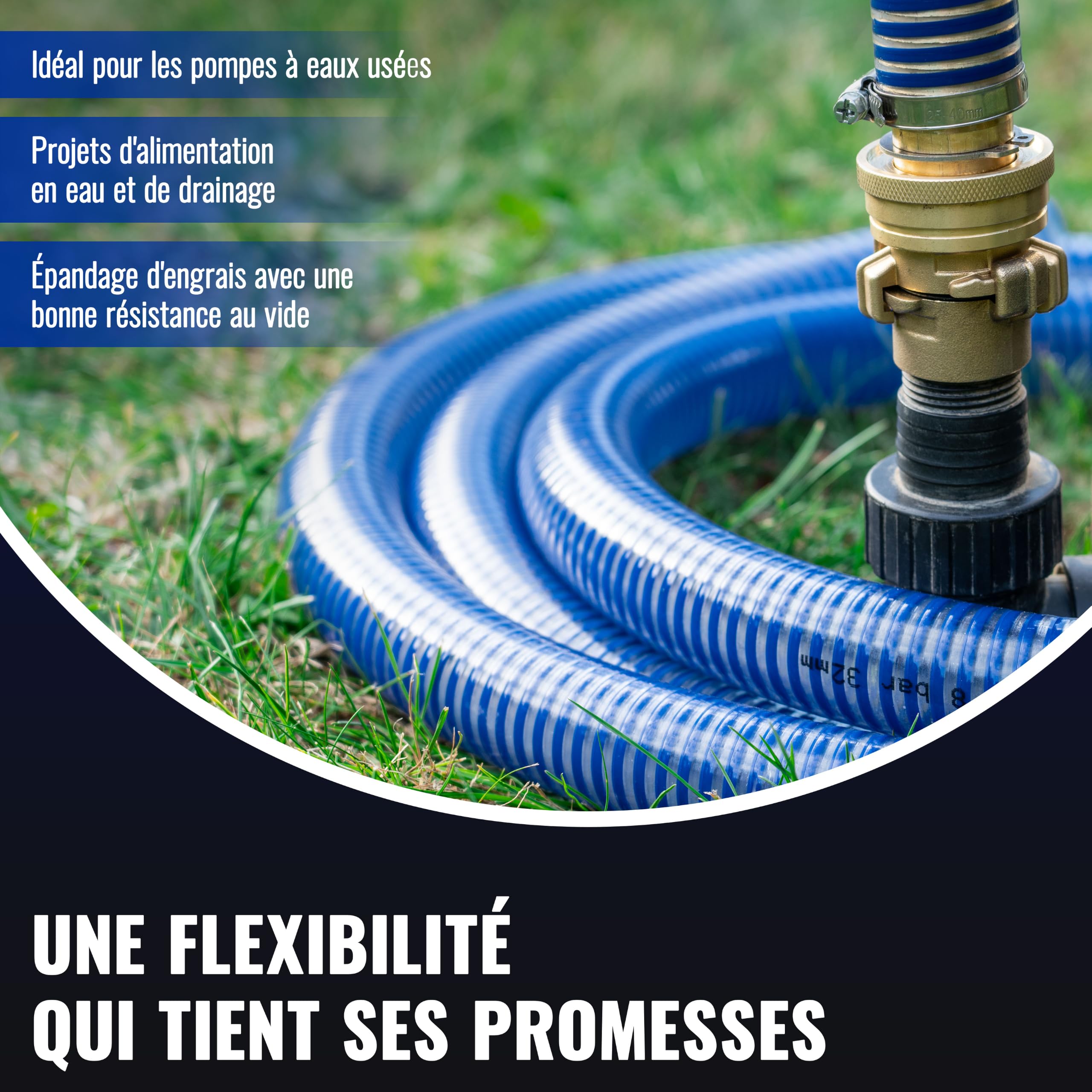 Poppstar PVC Tuyau d’Aspiration 1 pouce Tuyau Spiralé (20m tuyau d'eau avec diamètre intérieur 25mm / extérieur 32mm, 8 bar) Résistant aux UV, au Vide et à la Pression