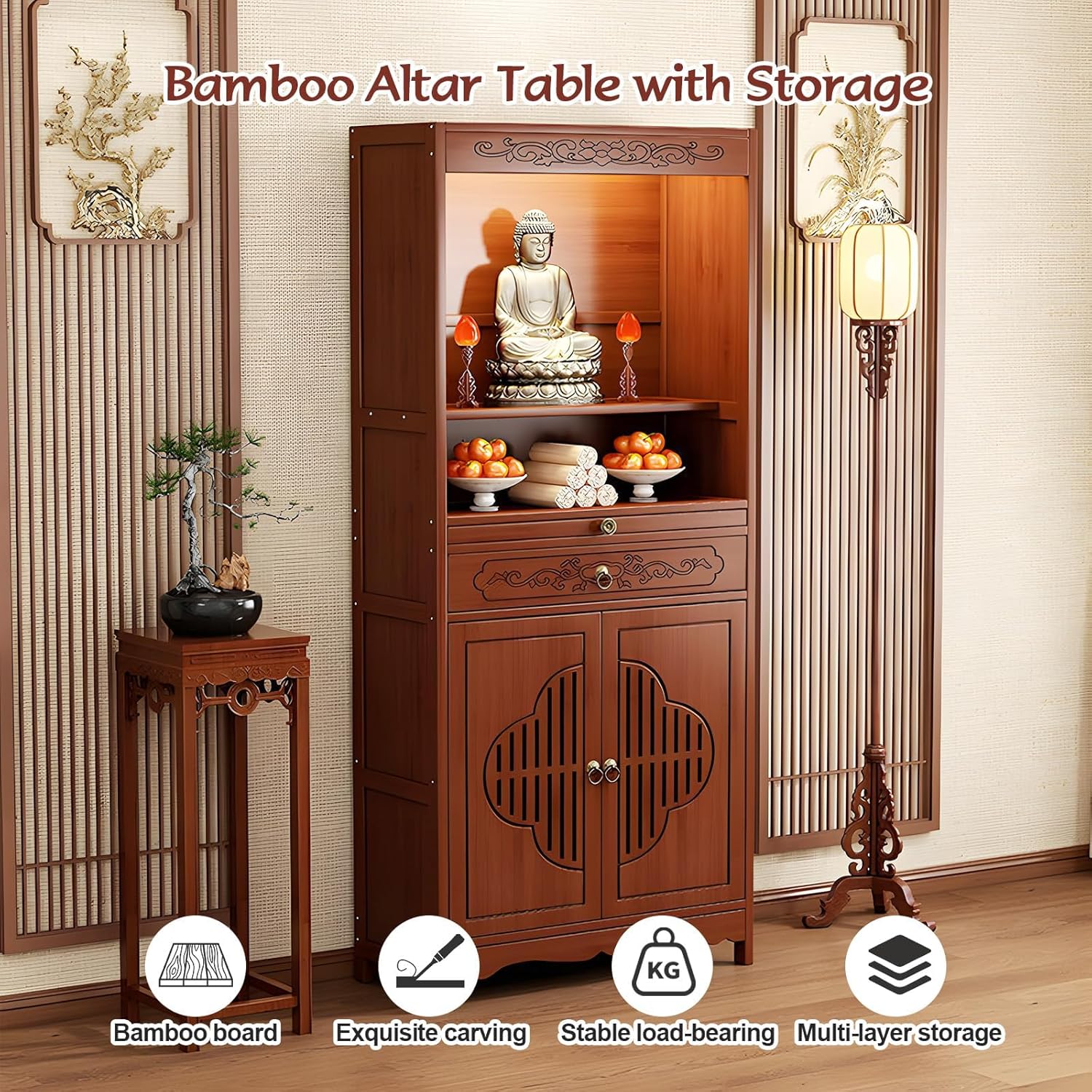 Bamboo Meditation Altar Table with Storage - Chinese Buddhist Shrine Cabinet for Home, Living Room Display & Cultural Decor, Personal Zen Space Centerpiece (26.8×13×67in)