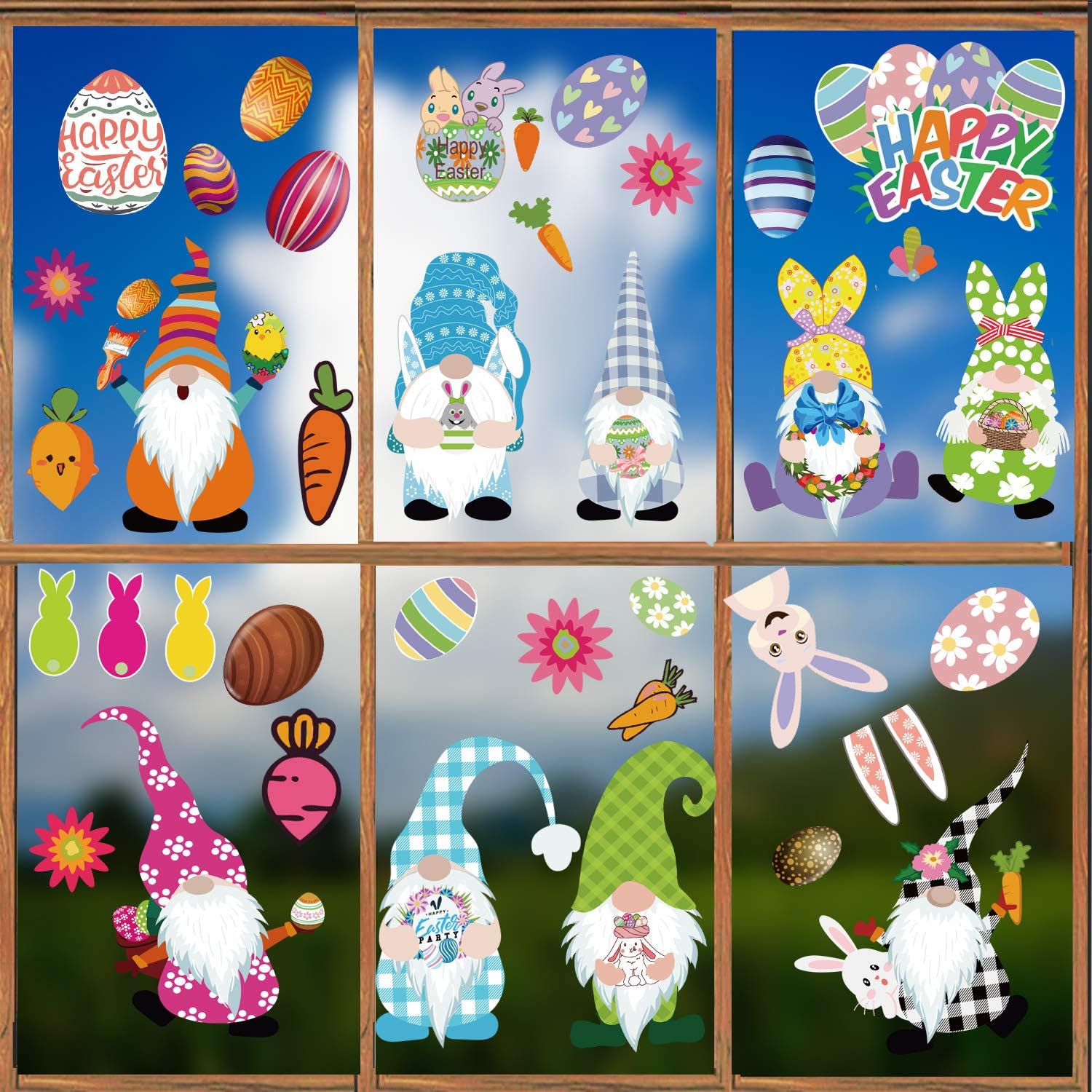 9 Sheet Easter Gnome Window Clings Decorations,Bunny Easter Egg Hunt Games Decals Home Party Ornaments Kids School Party Supplies Gifts