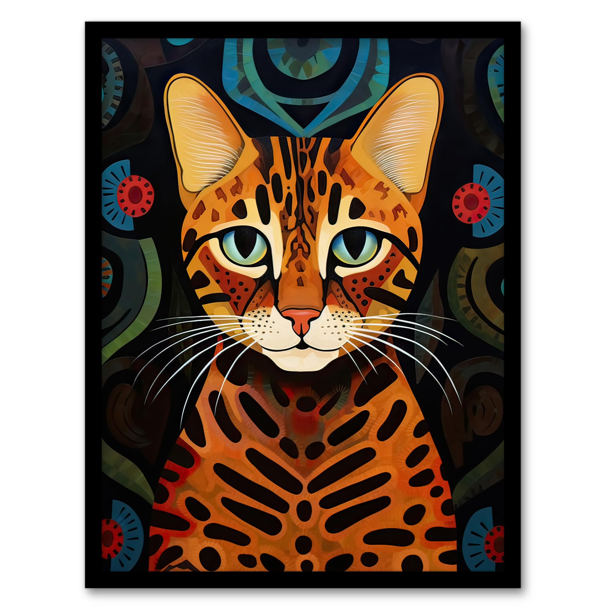 Artery8 Mischievous Bengal Cat Orange Blue Green Oil Painting with Abstract Botanical Patterns Artwork Framed Wall Art Print A4