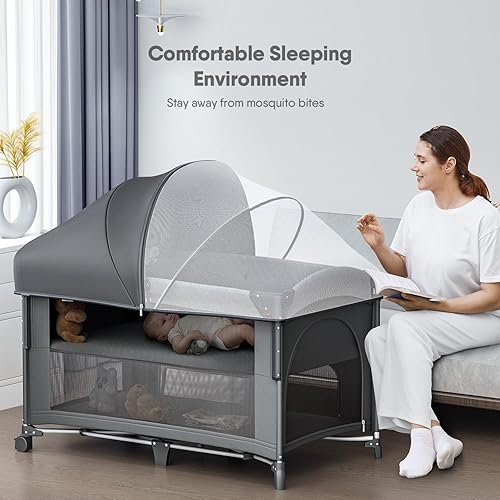 Miniatura 2 de Cuna 4 en 1, para empacar y jugar, para cuna de noche, cambiador de pañales, viene con colchón, mosquitera, almacenamiento inferior y barra de