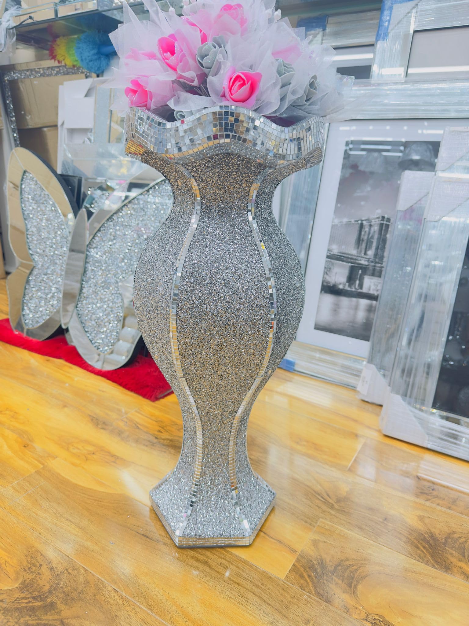 Silver Crushed Diamond Sparkle Flower Vase 60cm Bling Diamante Textured Ceramic Sparkle Vase – Luxury Silver Glitter Home Decor Ornament for Living Room, Hallway or Hotel Display