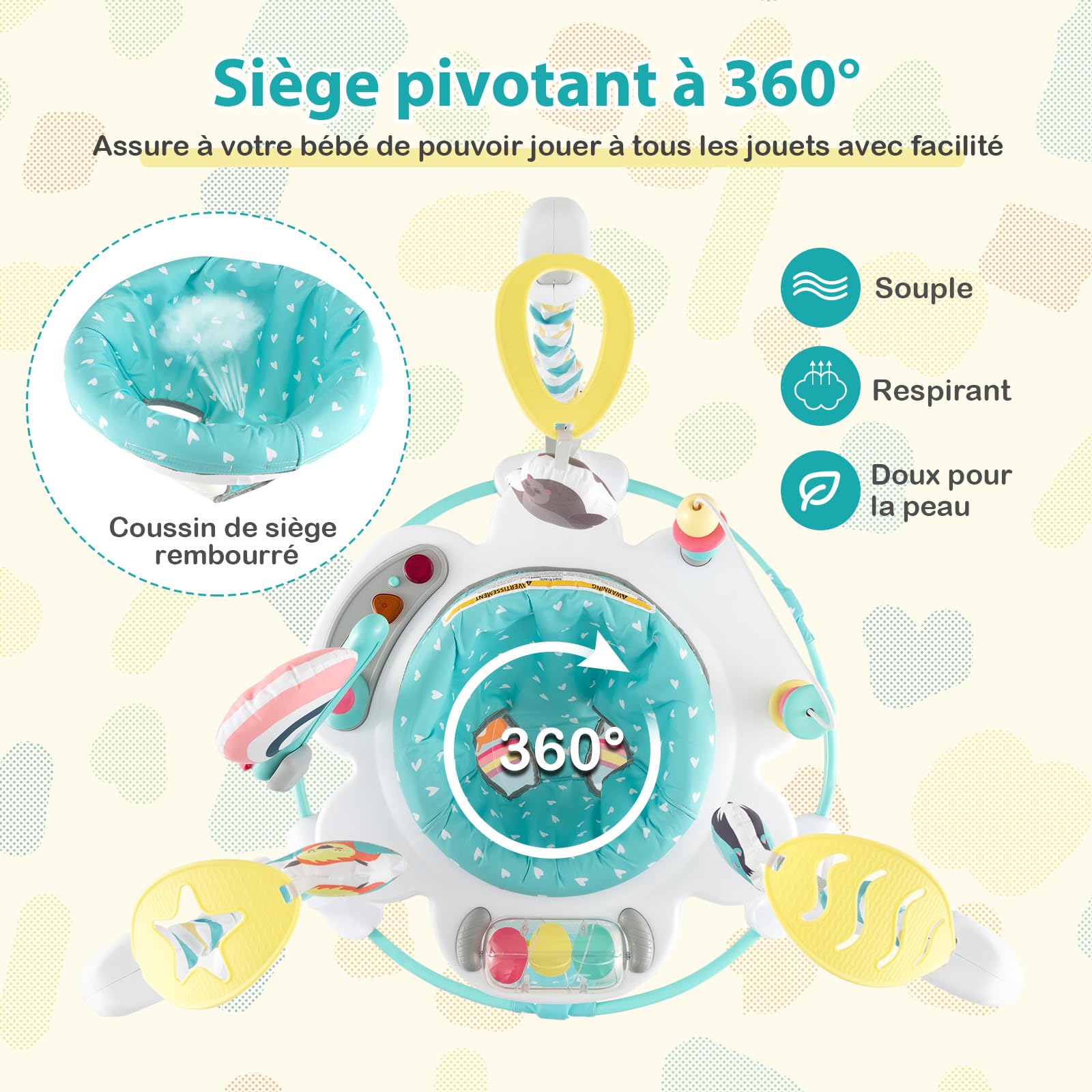 COSTWAY Aire D'Éveil Bébé Jumperoo Forêt Animaux - Trotteur 3 Hauteurs Réglables, 9 Jouets Interactifs, Siège 360°, Musique & Lumières, Dès 6 Mois